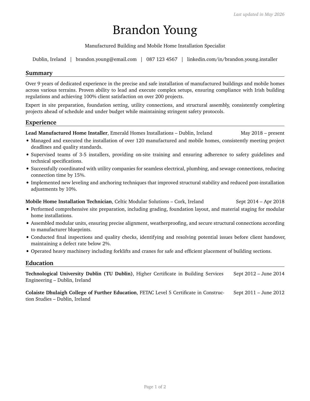 Manufactured Building and Mobile Home Installers CV in English — page 1