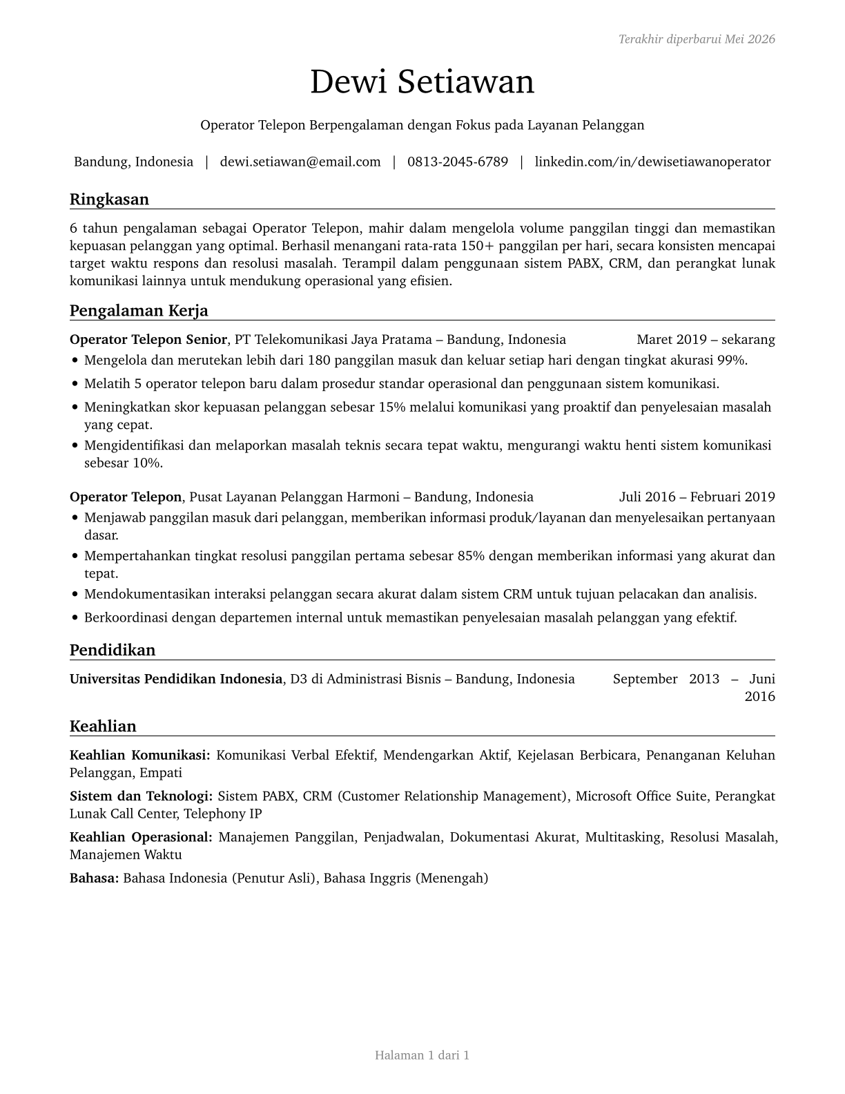Telephone Operators CV in Indonesian — page 1