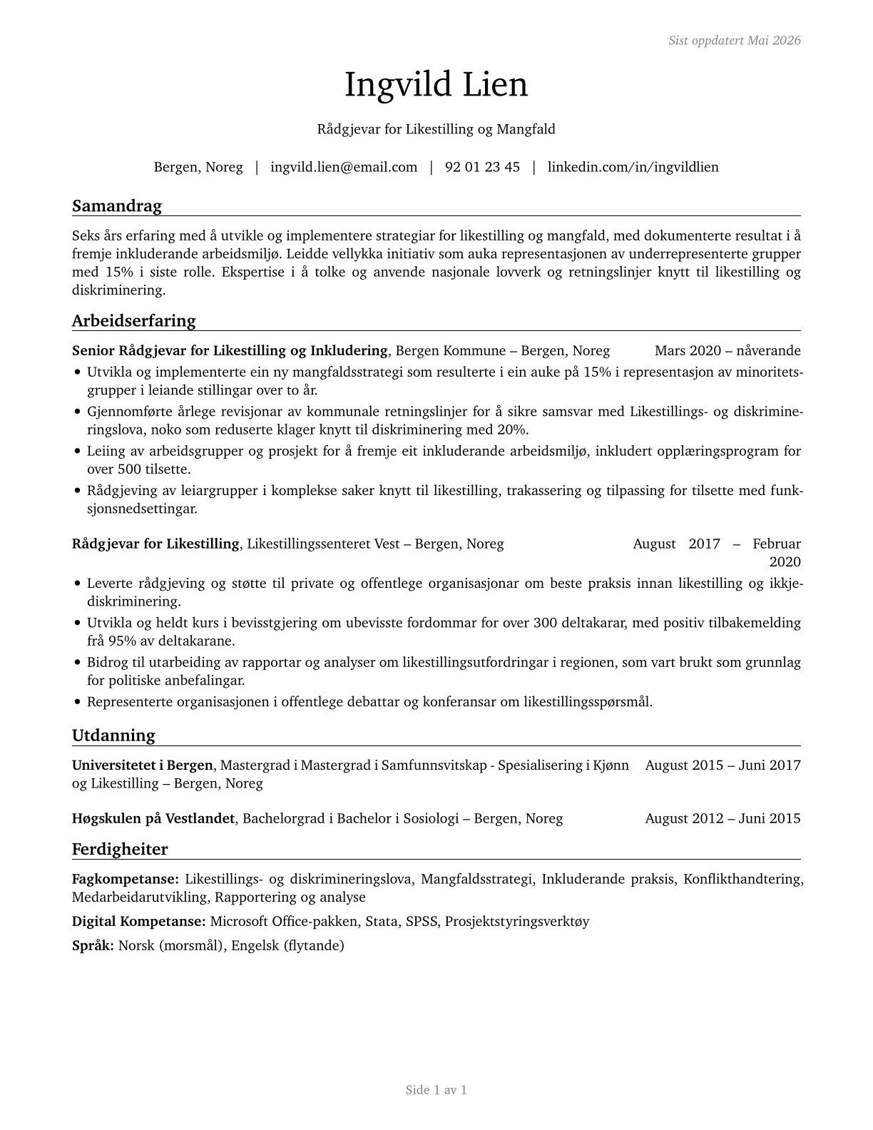 Equal Opportunity Representatives and Officers CV in Norwegian_nynorsk — page 1