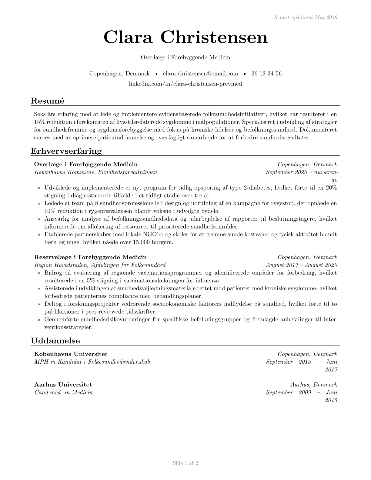 Preventive Medicine Physicians CV in Danish — page 1