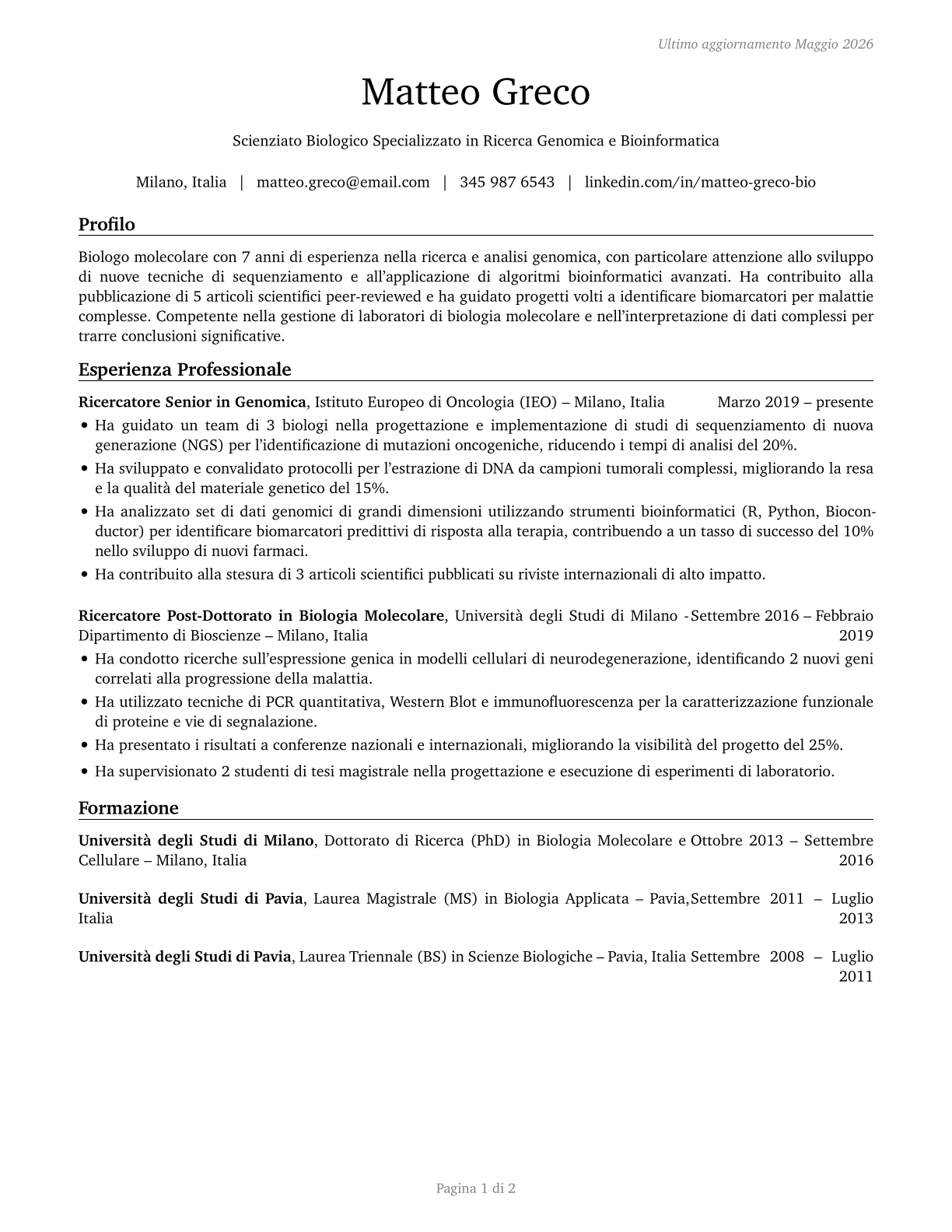 Biological Scientists, All Other CV in Italian — page 1