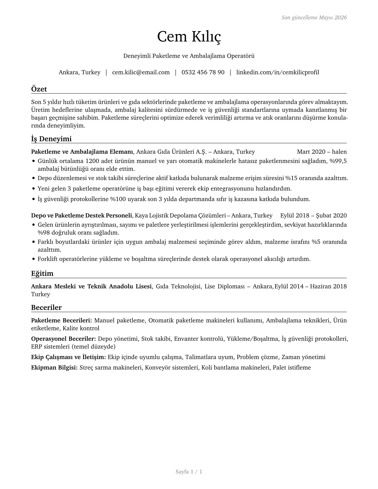Packers and Packagers, Hand CV in Turkish — page 1