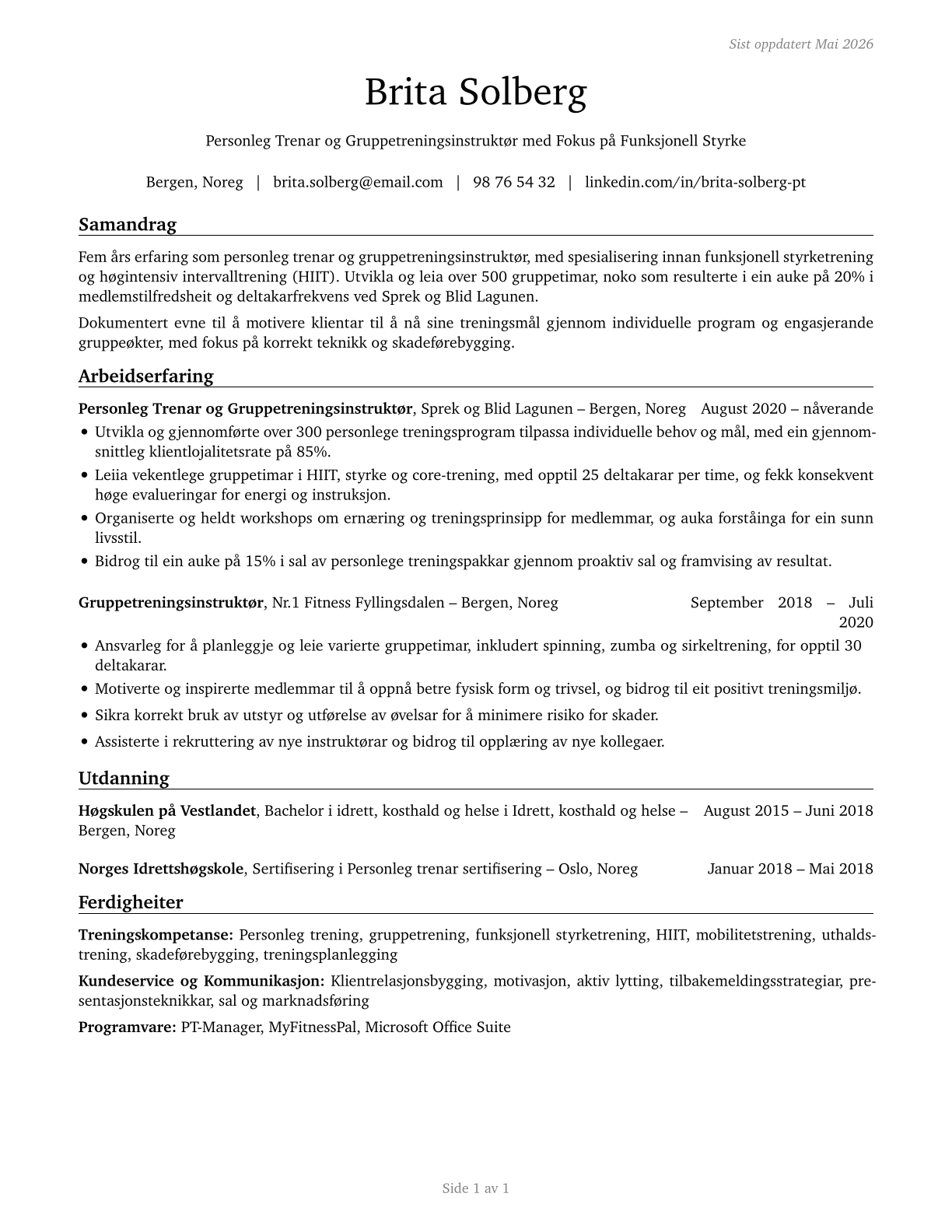 Exercise Trainers and Group Fitness Instructors CV in Norwegian_nynorsk — page 1