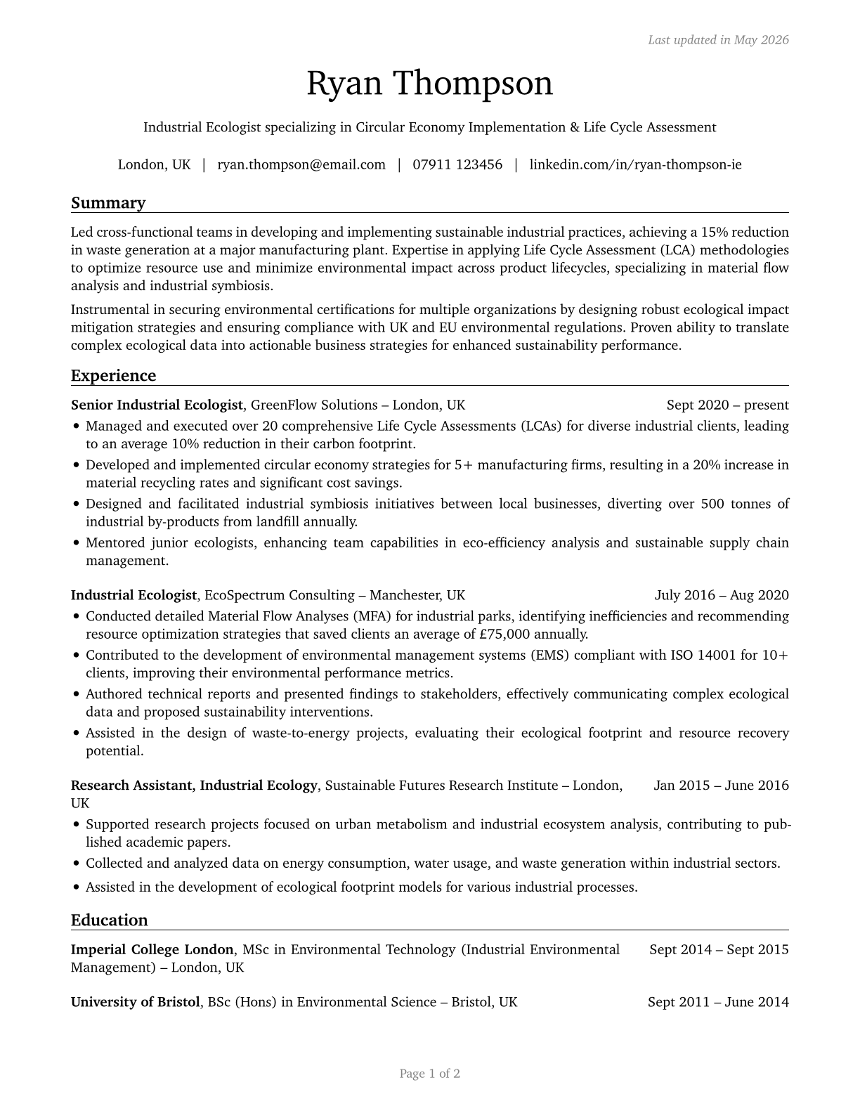 Industrial Ecologists CV in English — page 1
