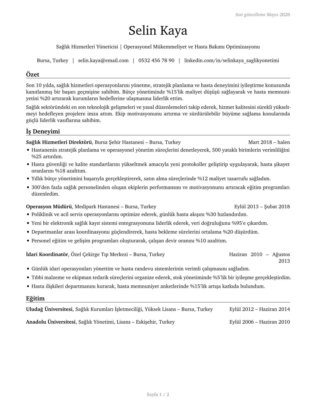 Medical and Health Services Managers CV in Turkish — page 1