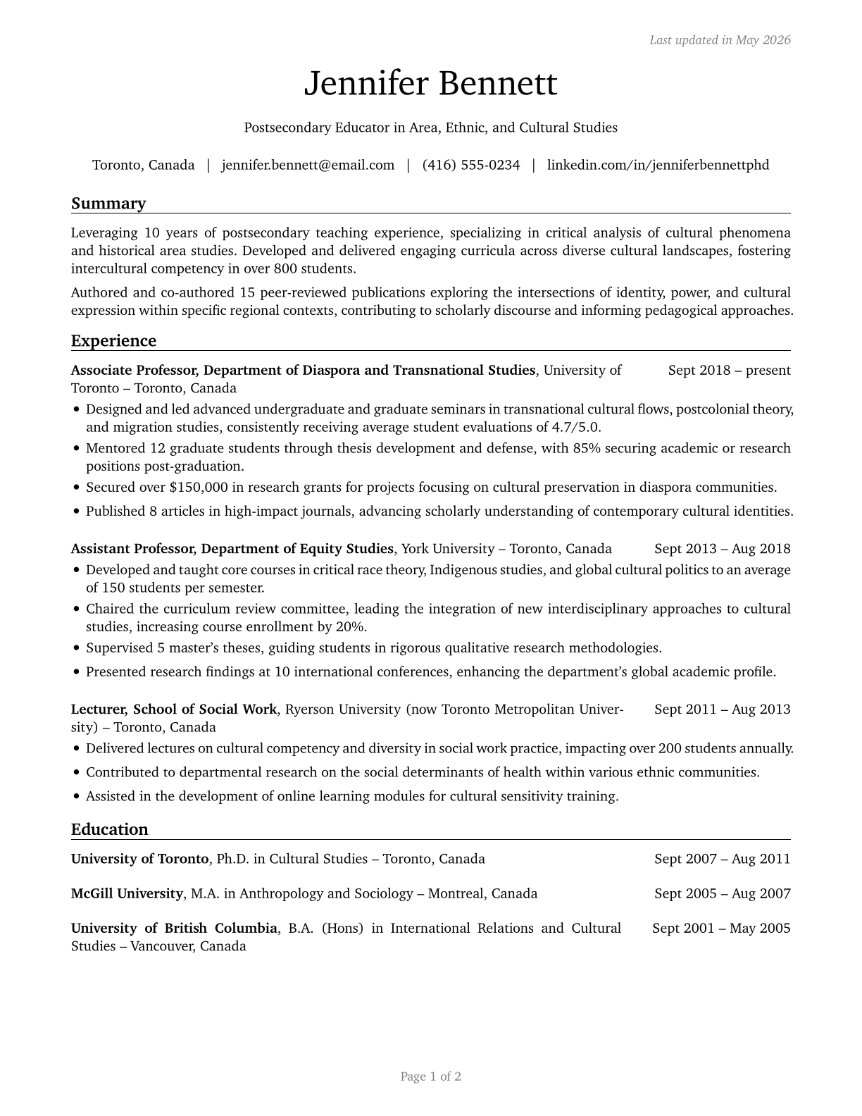 Area, Ethnic, and Cultural Studies Teachers, Postsecondary CV in English — page 1