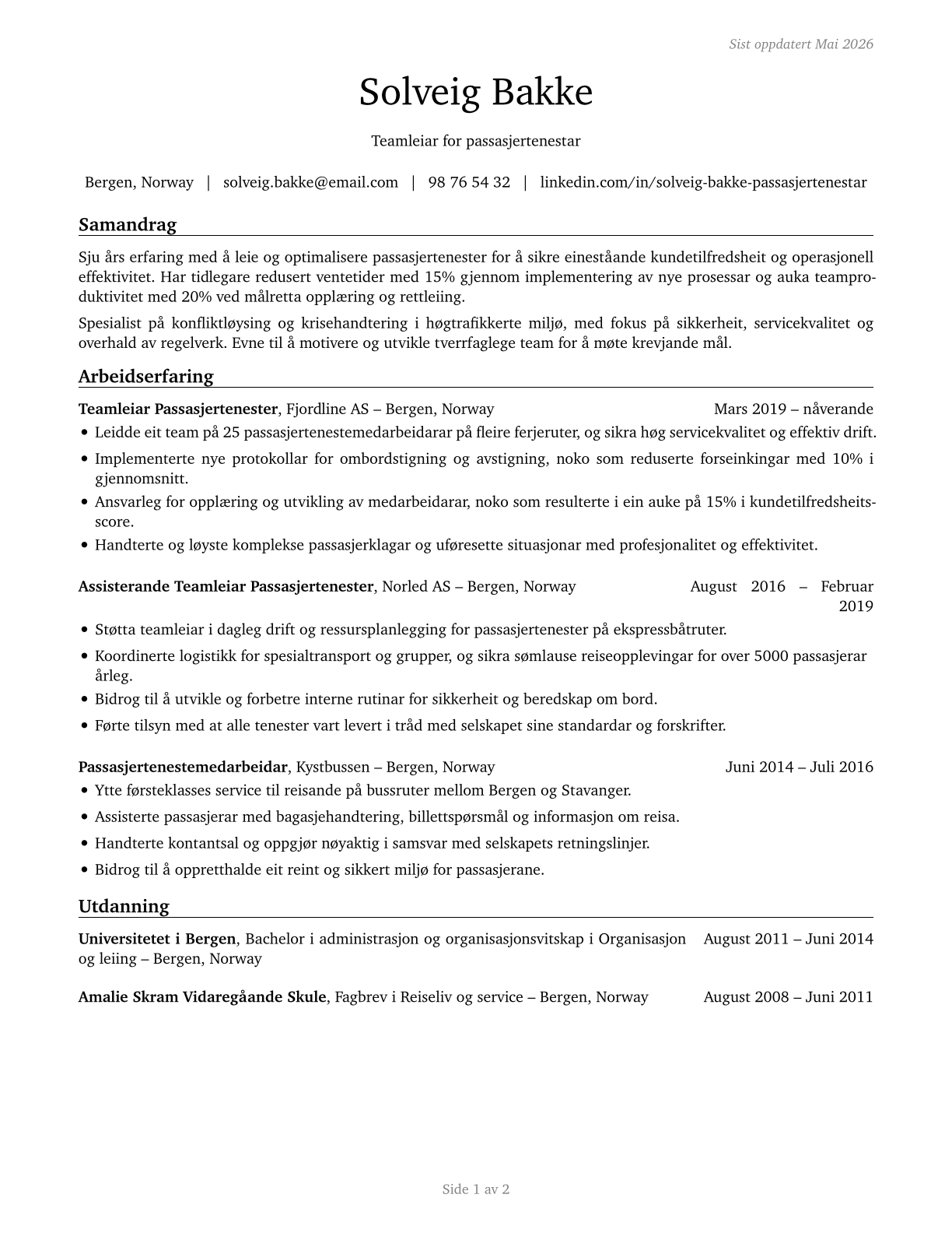 First-Line Supervisors of Passenger Attendants CV in Norwegian_nynorsk — page 1