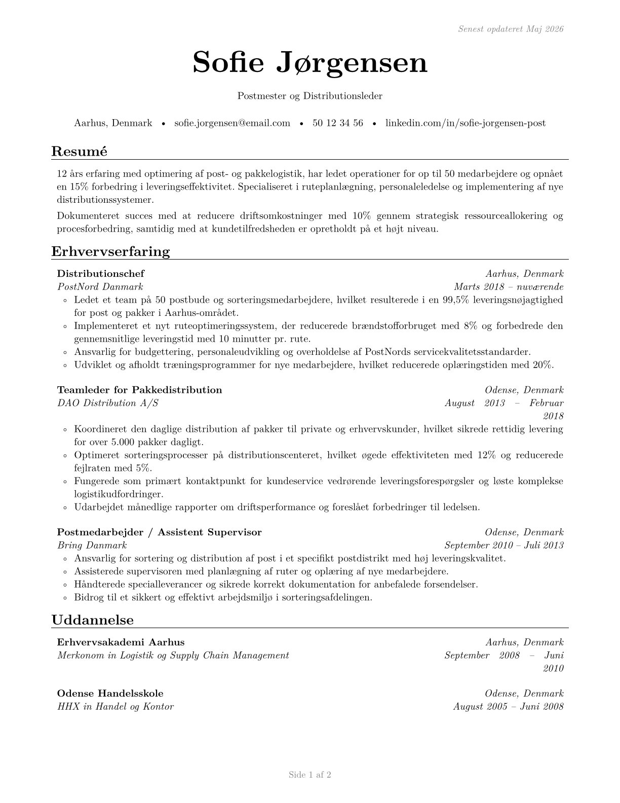 Postmasters and Mail Superintendents CV in Danish — page 1