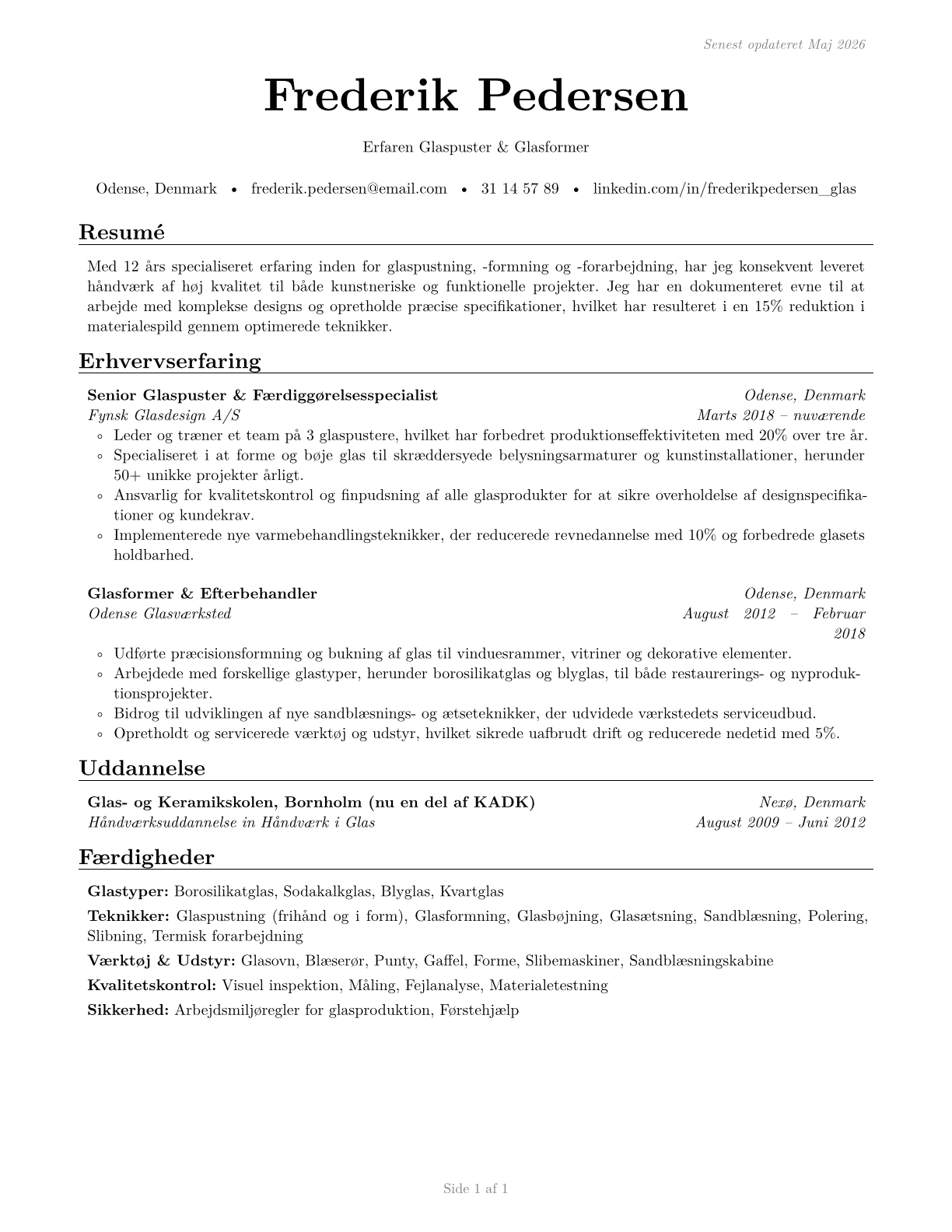 Glass Blowers, Molders, Benders, and Finishers CV in Danish — page 1