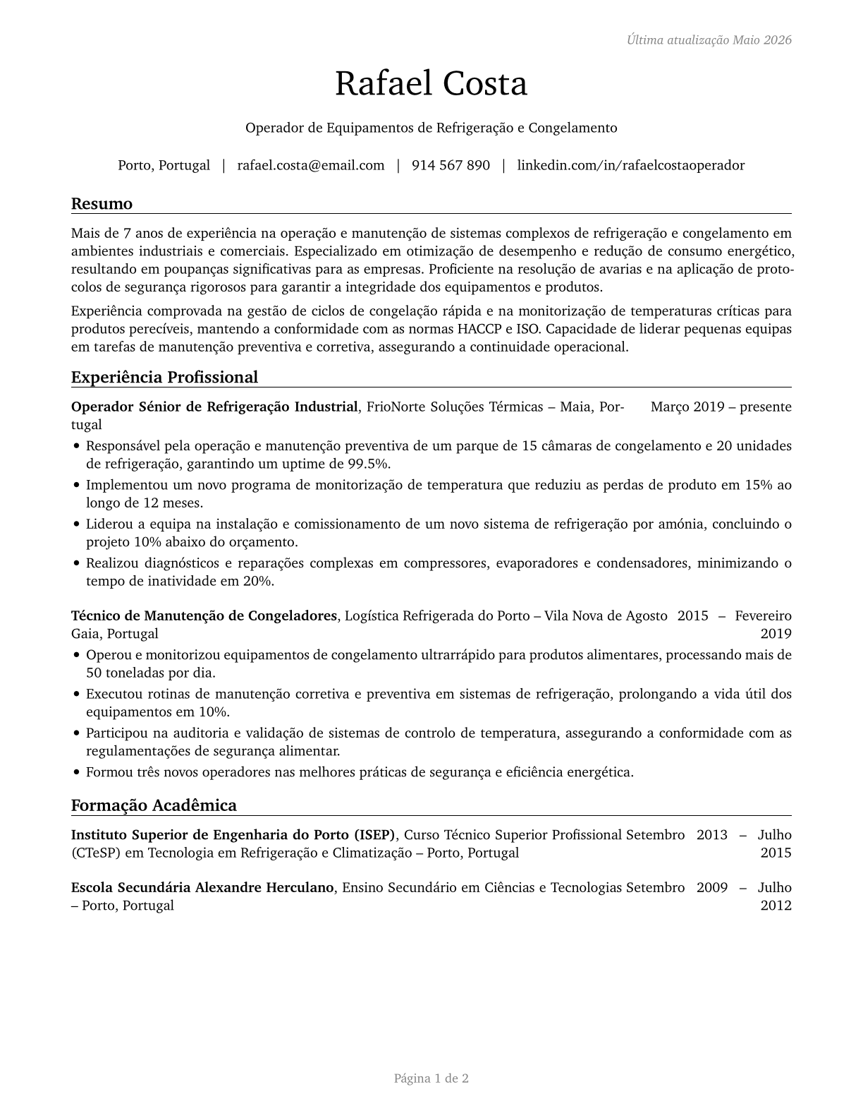 Cooling and Freezing Equipment Operators and Tenders CV in Portuguese — page 1