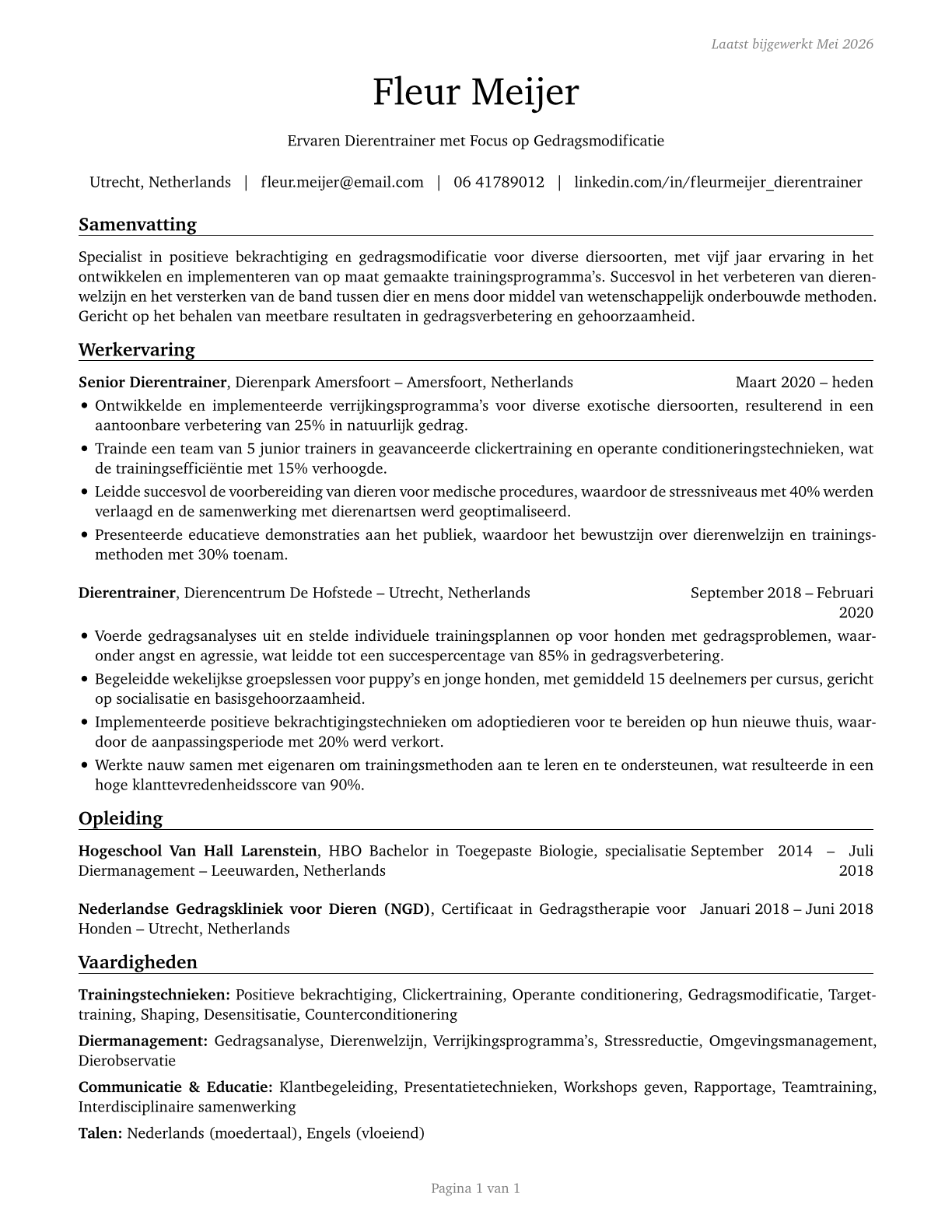 Animal Trainers CV in Dutch — page 1