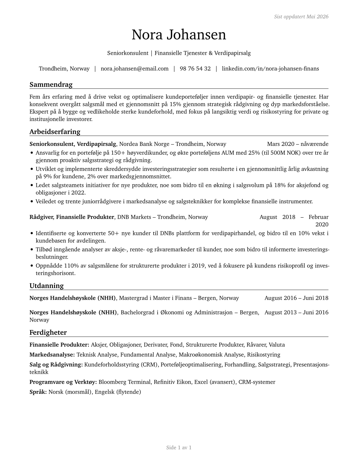 Securities, Commodities, and Financial Services Sales Agents CV in Norwegian_bokmal — page 1