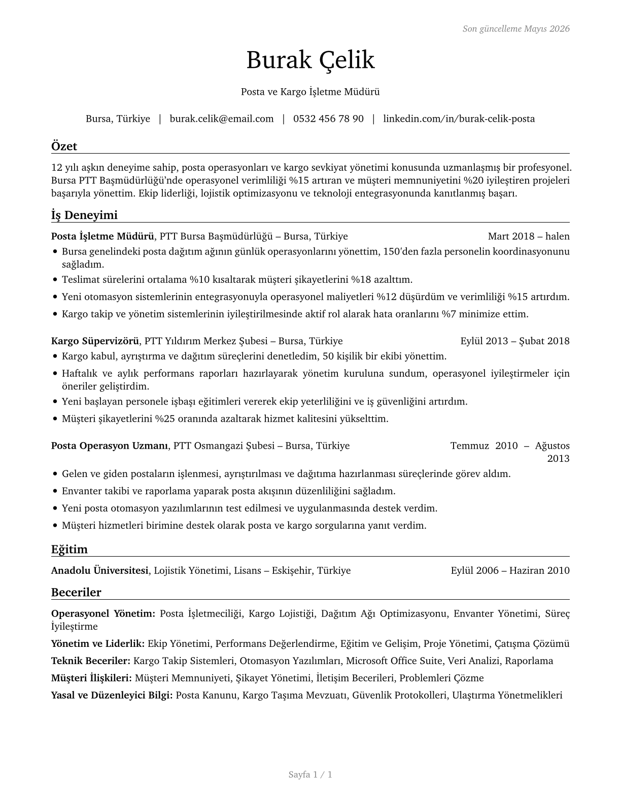 Postmasters and Mail Superintendents CV in Turkish — page 1