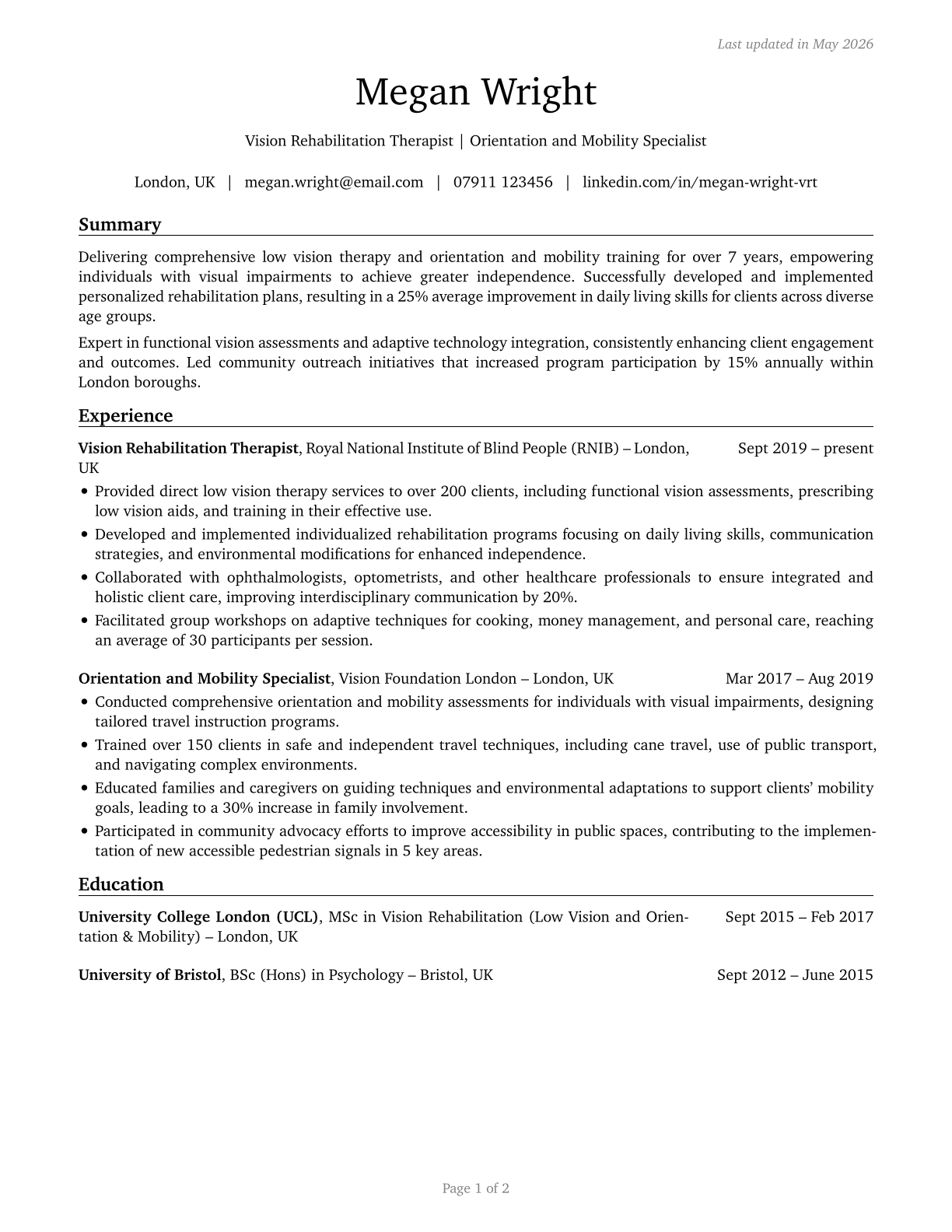 Low Vision Therapists, Orientation and Mobility Specialists, and Vision Rehabilitation Therapists CV in English — page 1