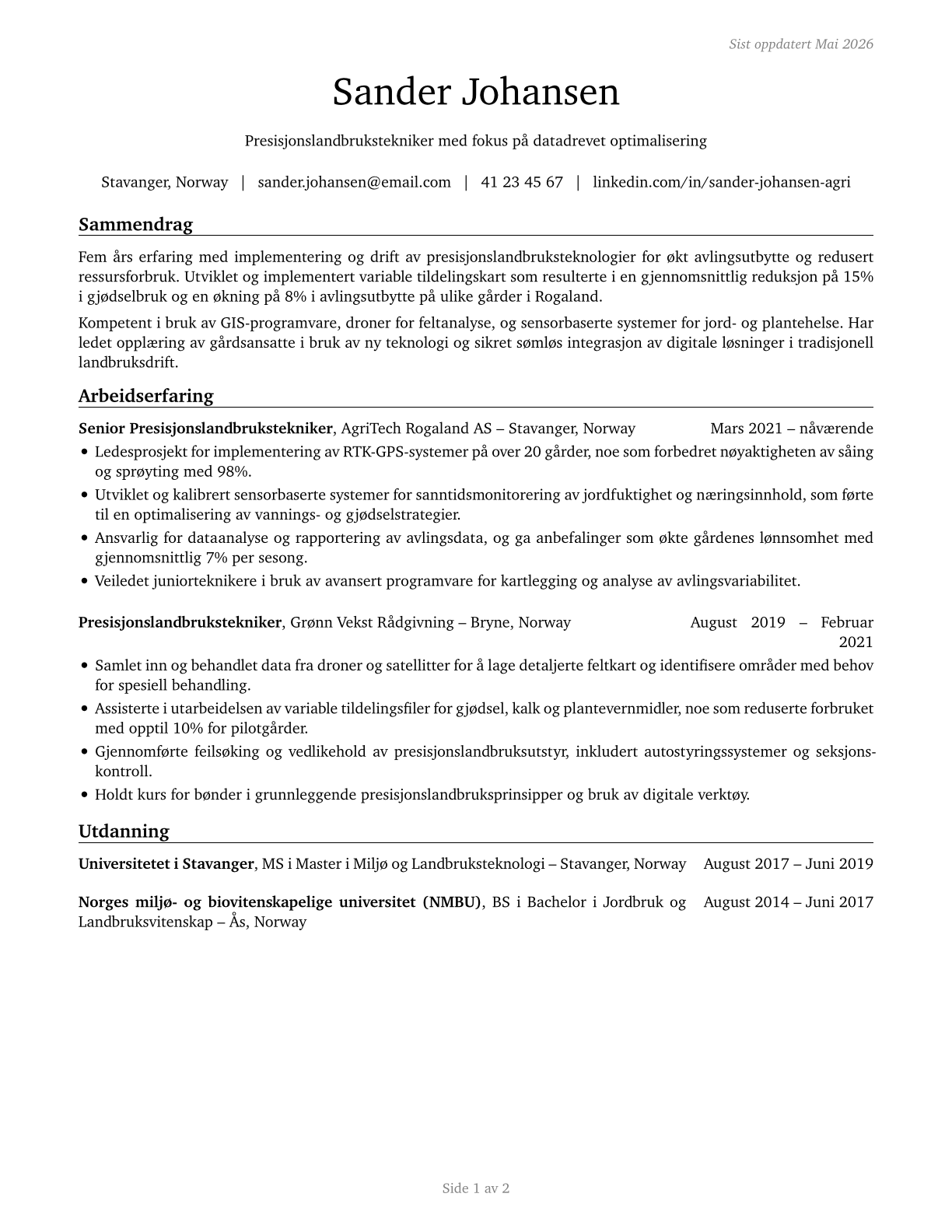 Precision Agriculture Technicians CV in Norwegian_bokmal — page 1