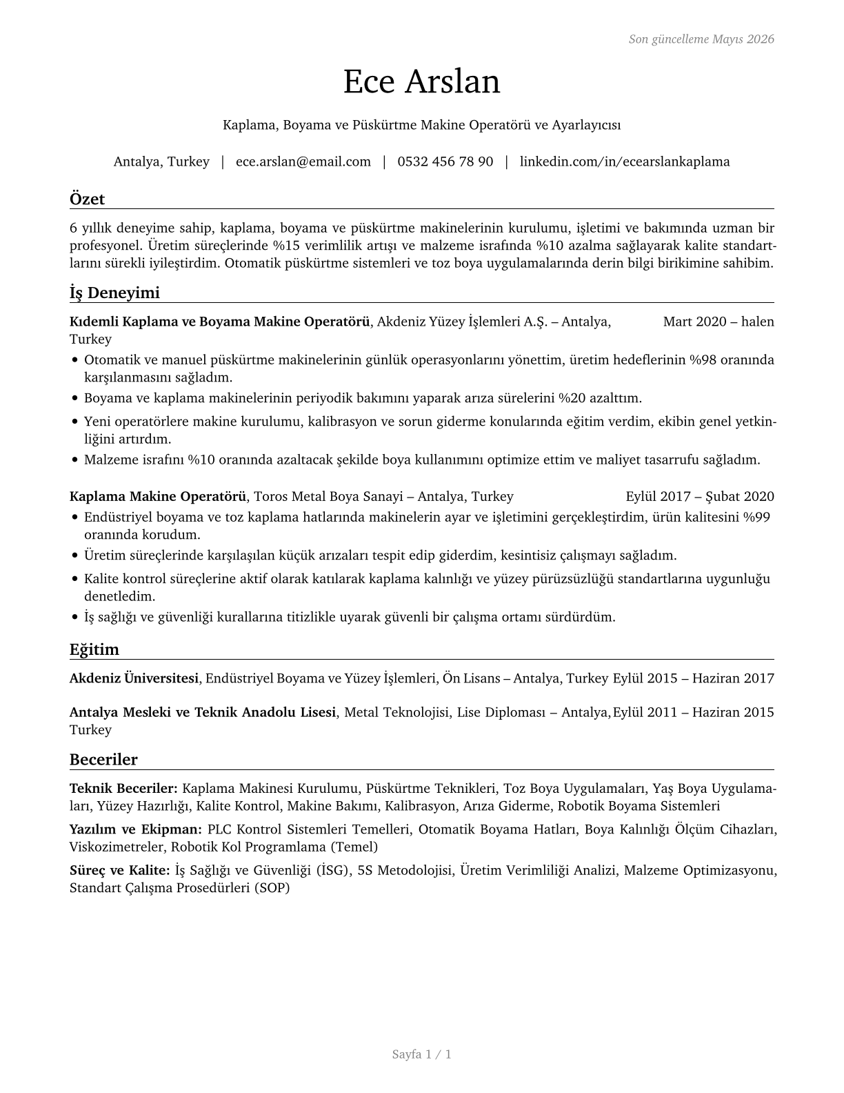 Coating, Painting, and Spraying Machine Setters, Operators, and Tenders CV in Turkish — page 1
