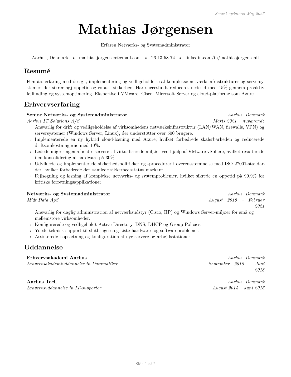 Network and Computer Systems Administrators CV in Danish — page 1