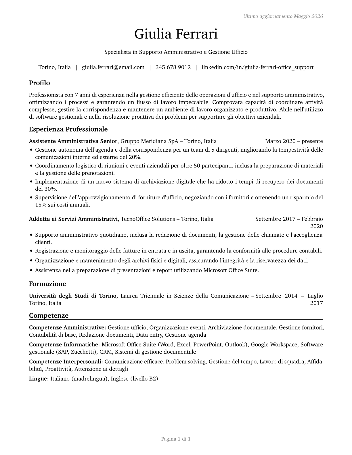 Office and Administrative Support Workers, All Other CV in Italian — page 1