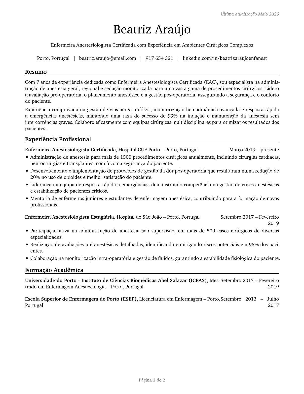 Nurse Anesthetists CV in Portuguese — page 1