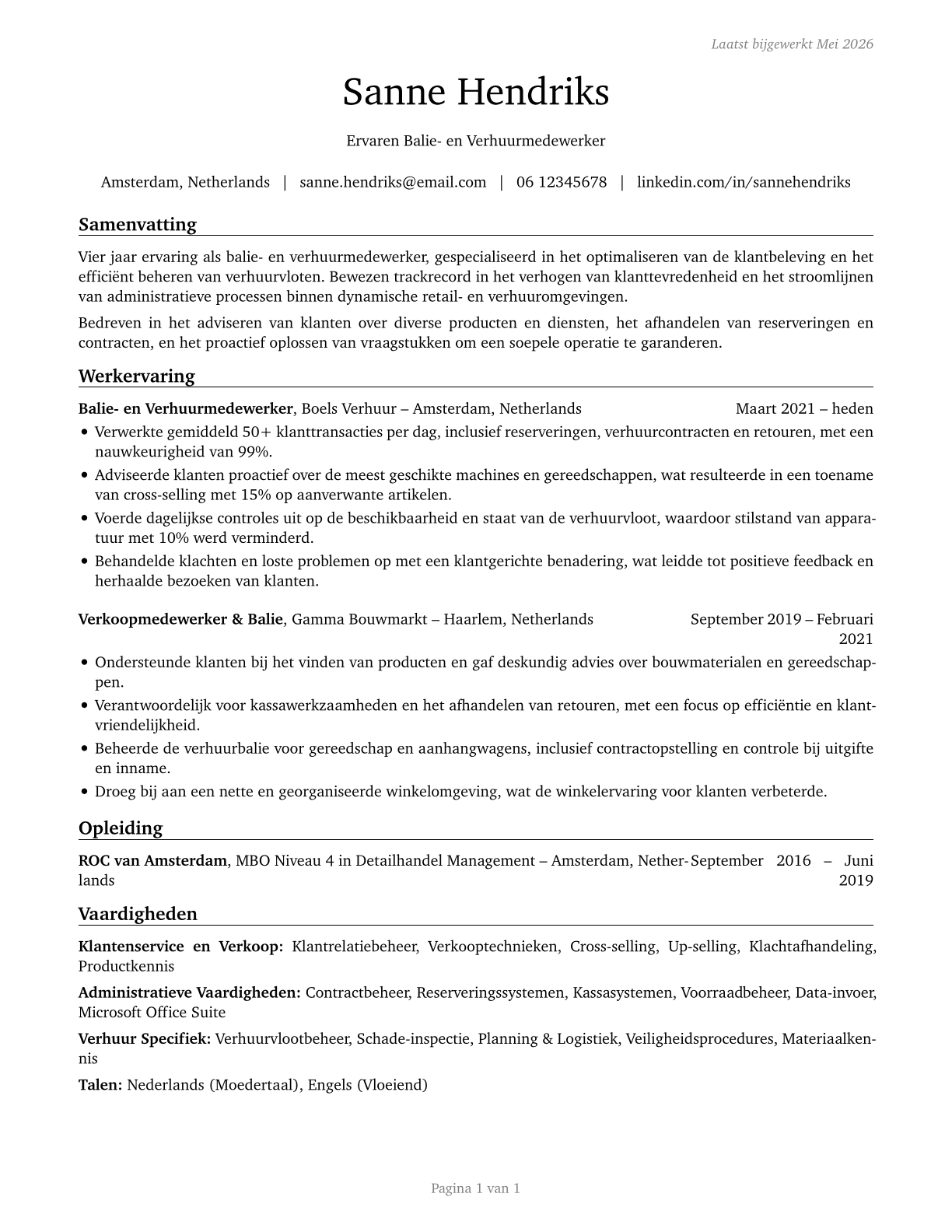 Counter and Rental Clerks CV in Dutch — page 1
