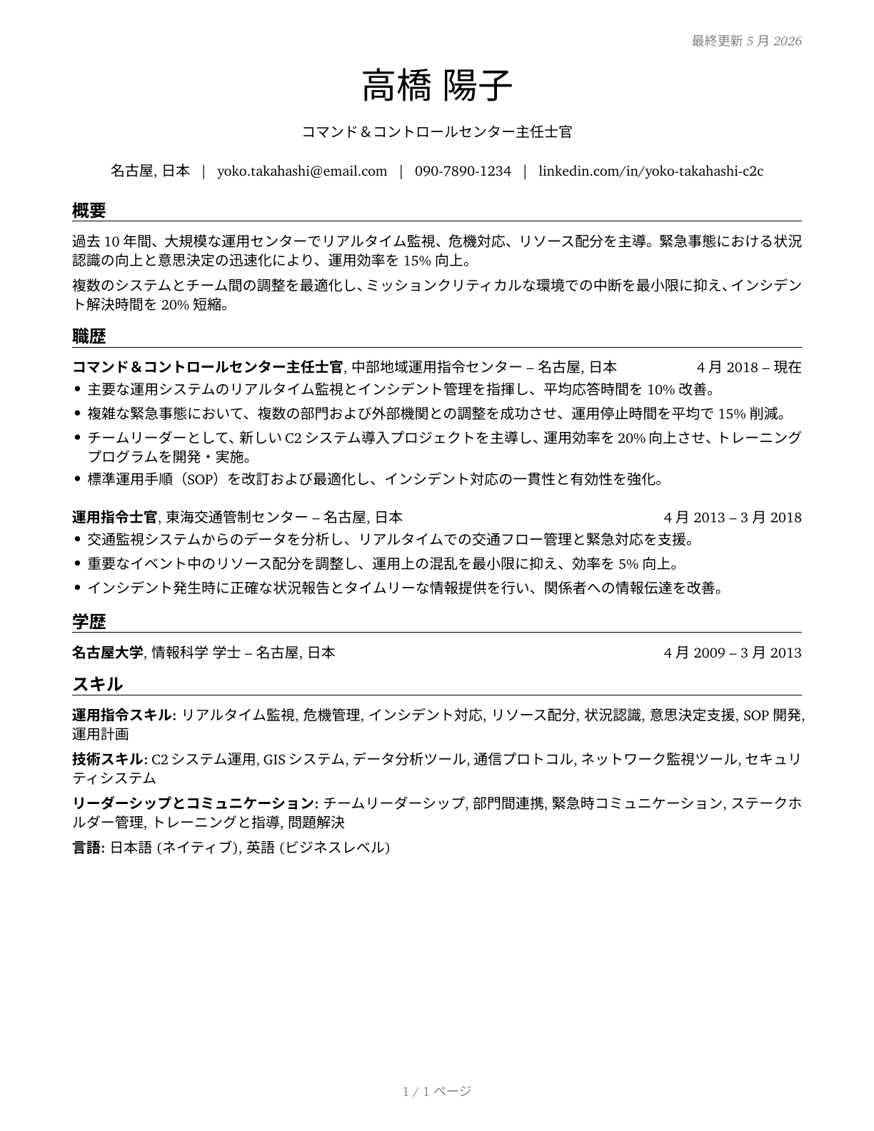 Command and Control Center Officers CV in Japanese — page 1
