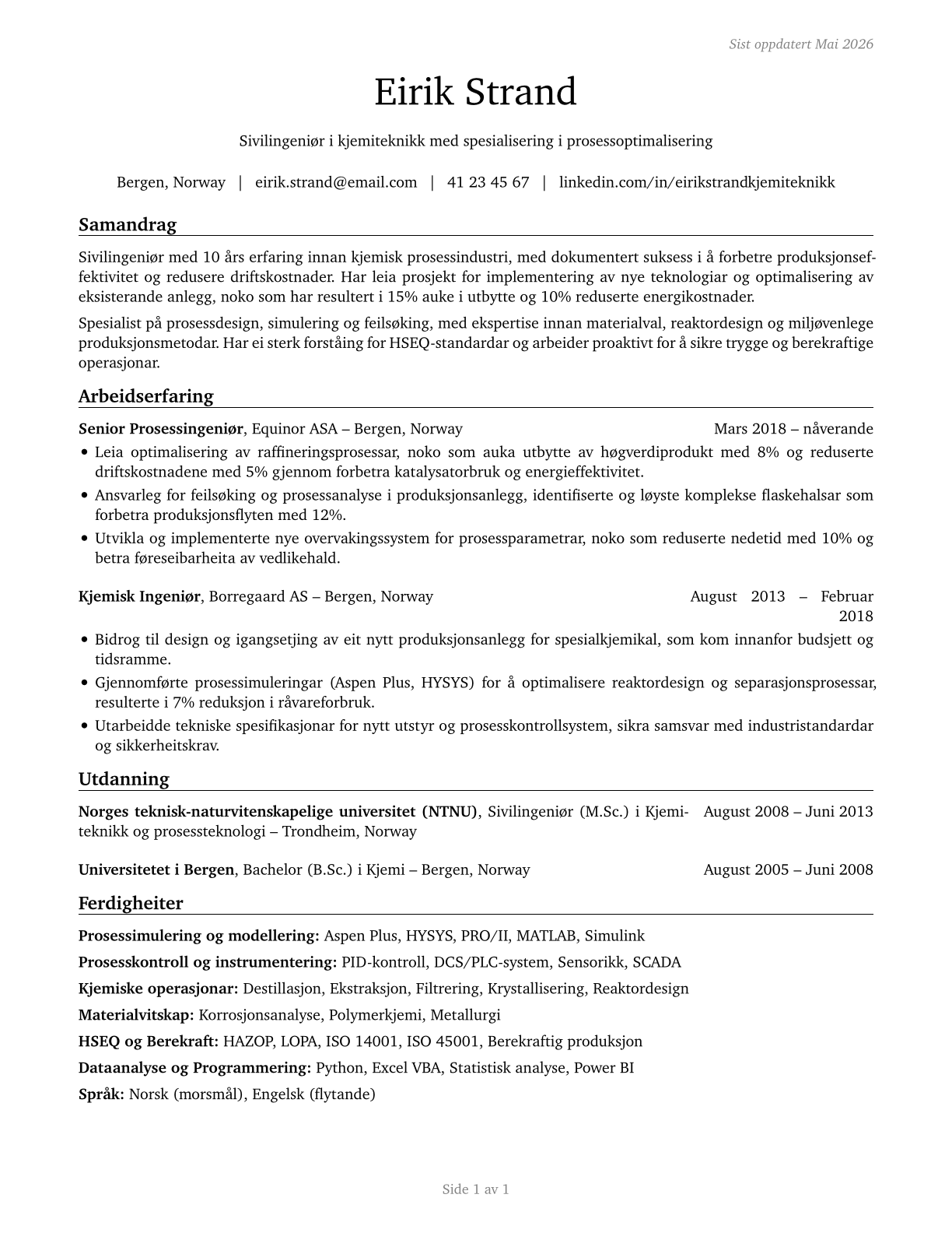 Chemical Engineers CV in Norwegian_nynorsk — page 1