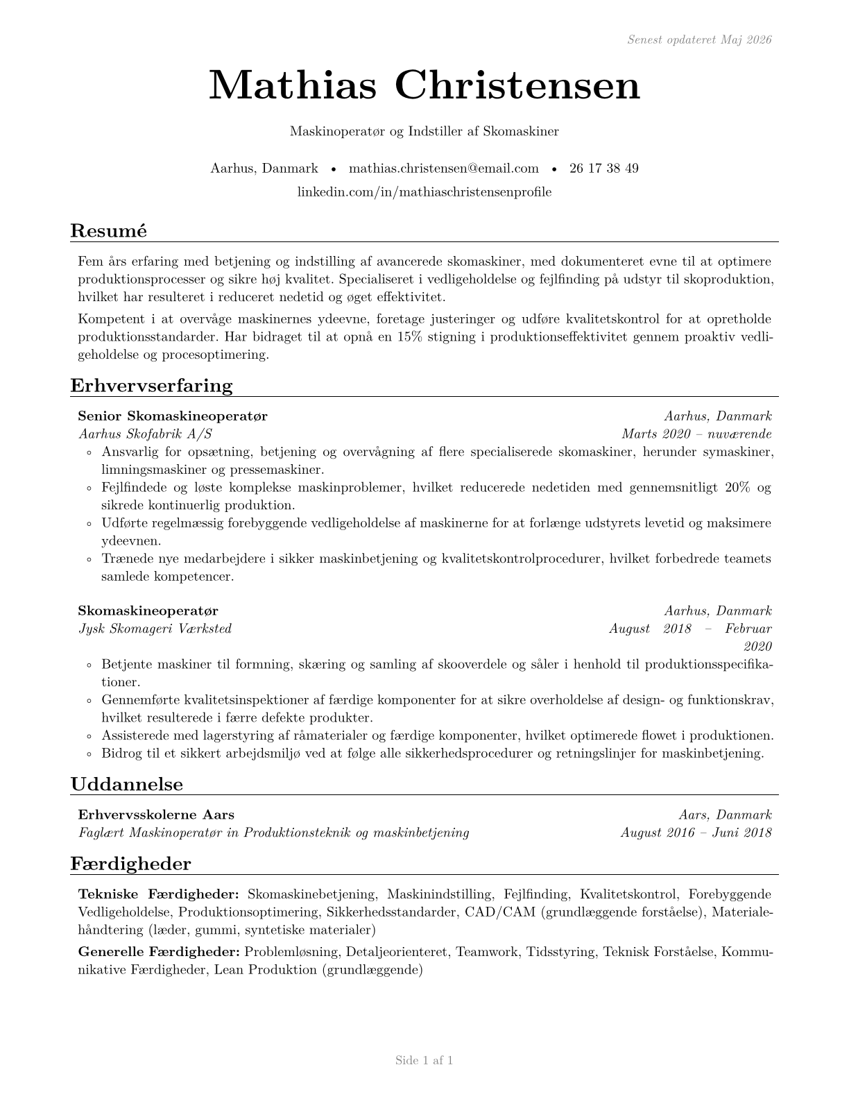 Shoe Machine Operators and Tenders CV in Danish — page 1