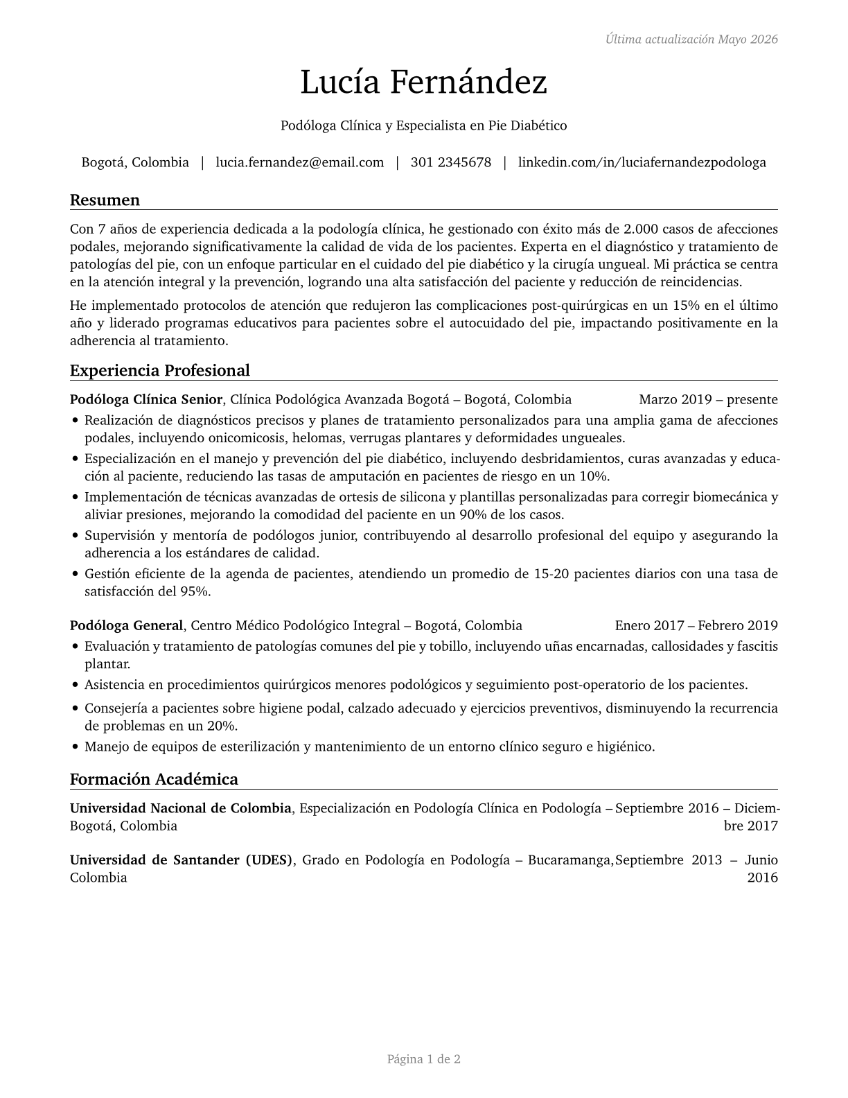 Podiatrists CV in Spanish — page 1