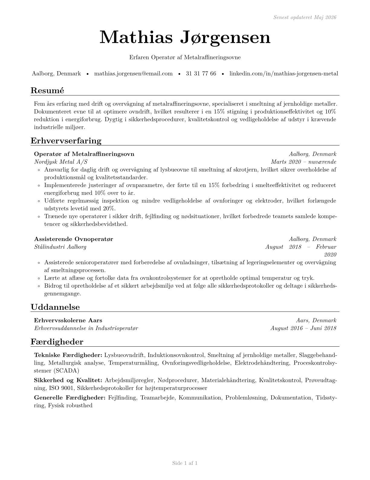 Metal-Refining Furnace Operators and Tenders CV in Danish — page 1