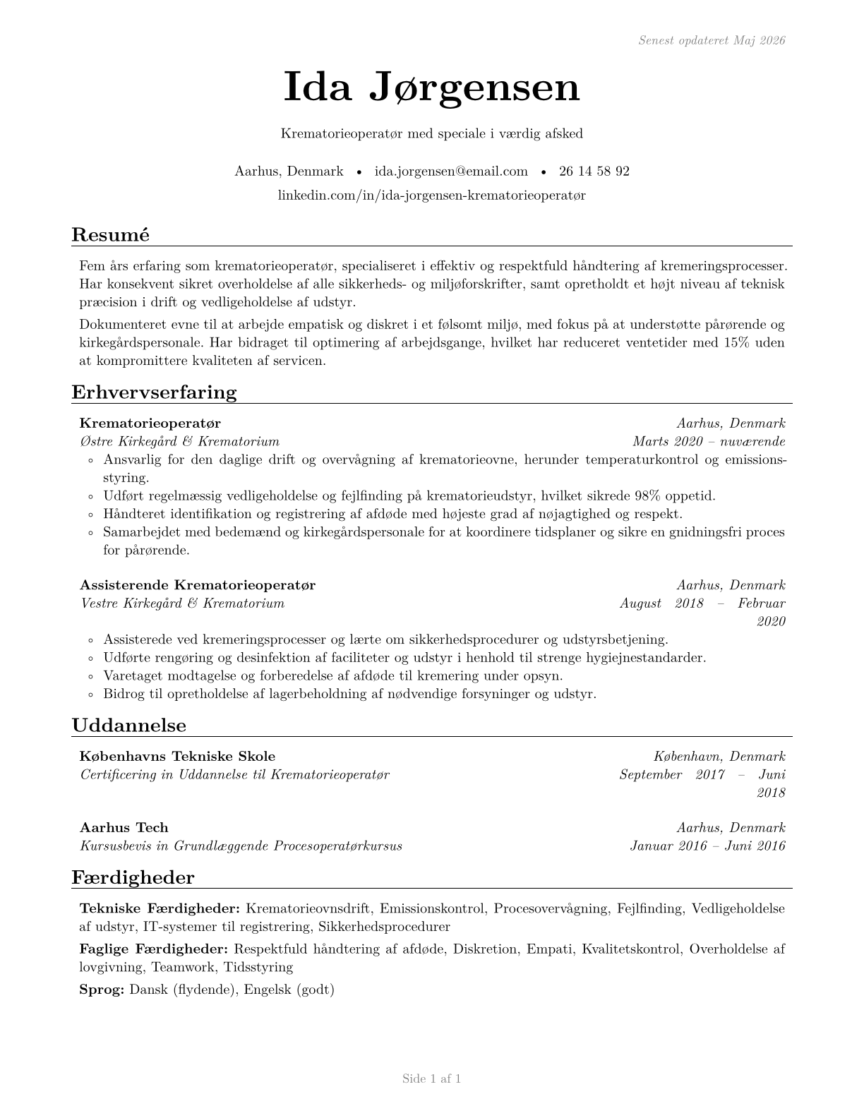 Crematory Operators CV in Danish — page 1