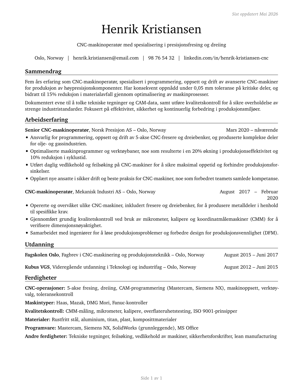 Computer Numerically Controlled Tool Operators CV in Norwegian_bokmal — page 1