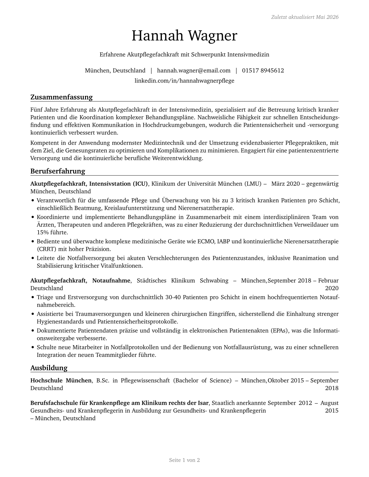 Acute Care Nurses CV in German — page 1