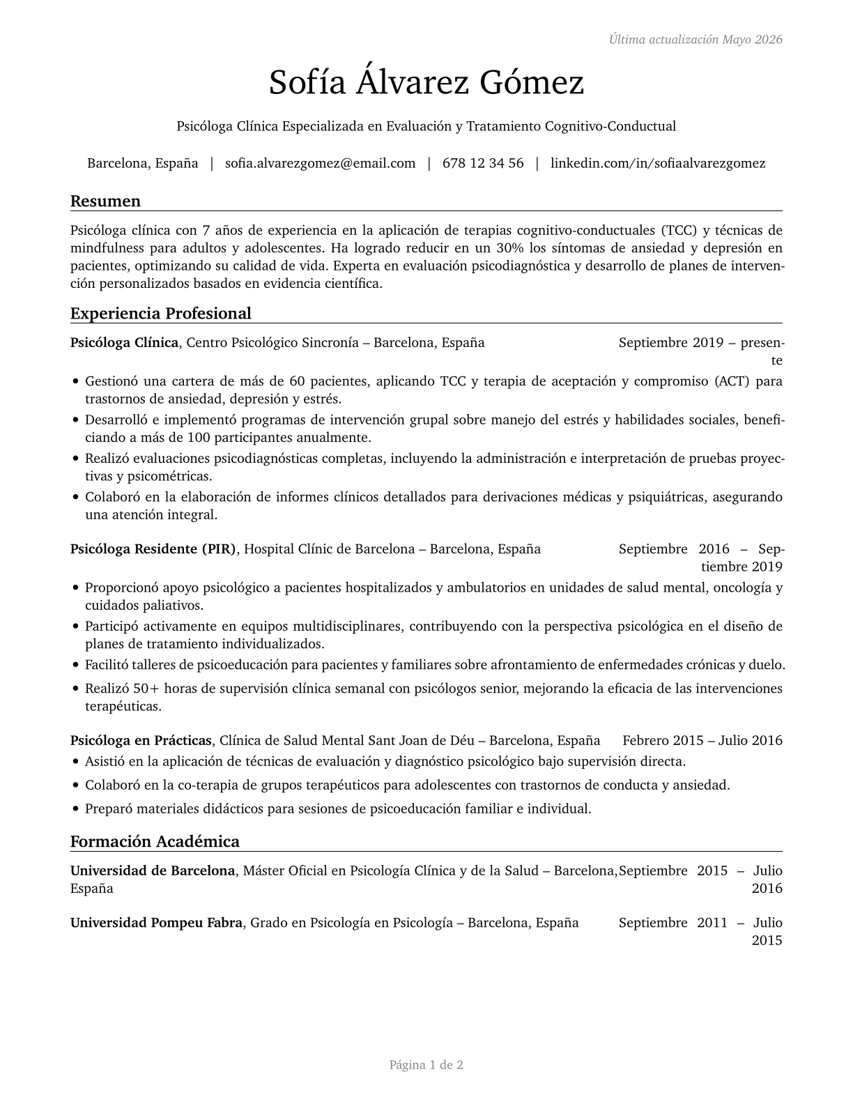 Psychologists, All Other CV in Spanish — page 1