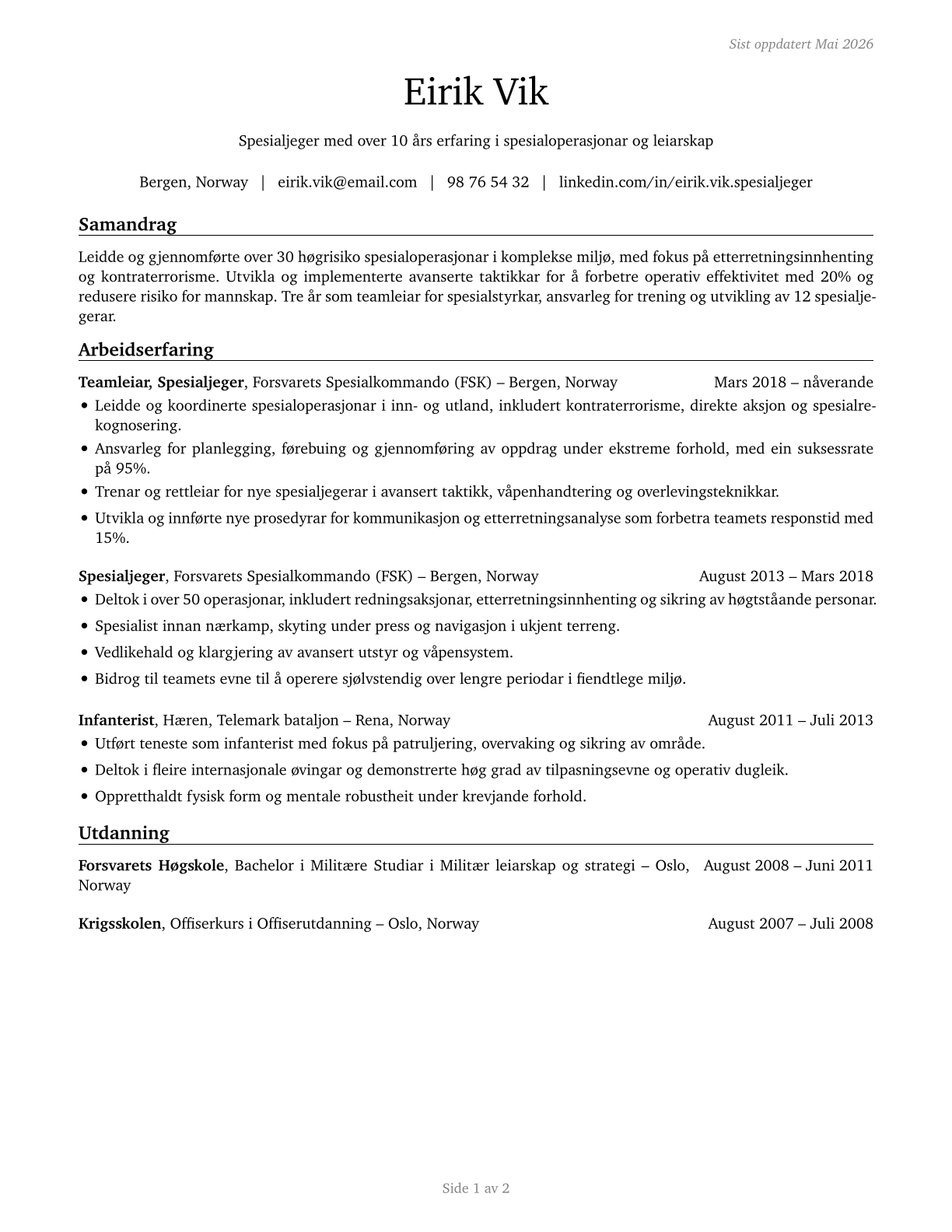 Special Forces CV in Norwegian_nynorsk — page 1