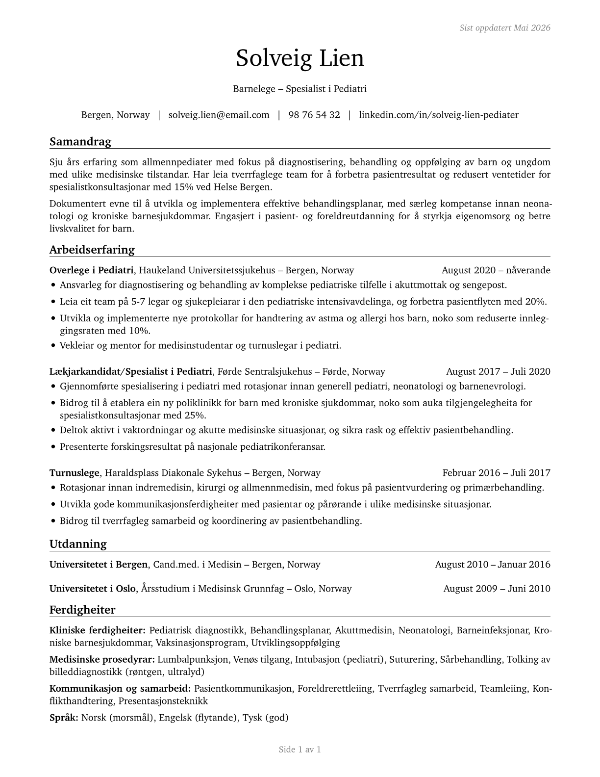 Pediatricians, General CV in Norwegian_nynorsk — page 1