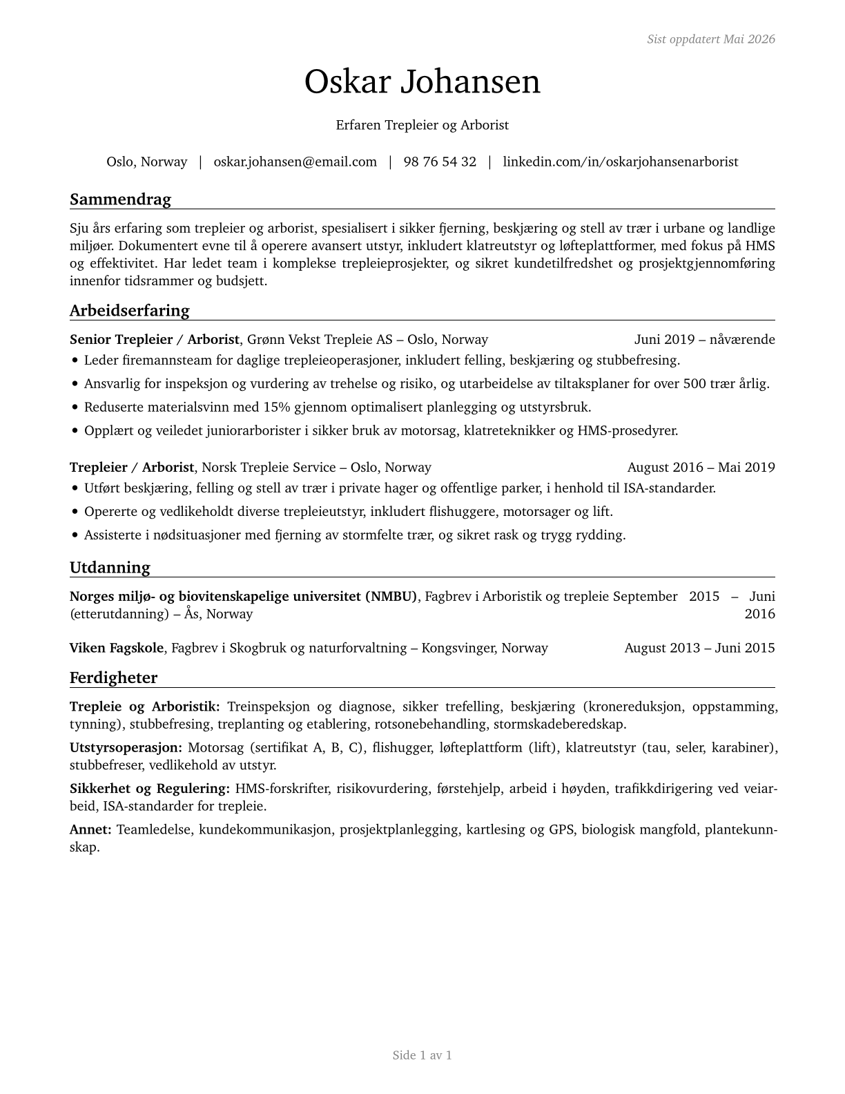 Tree Trimmers and Pruners CV in Norwegian_bokmal — page 1