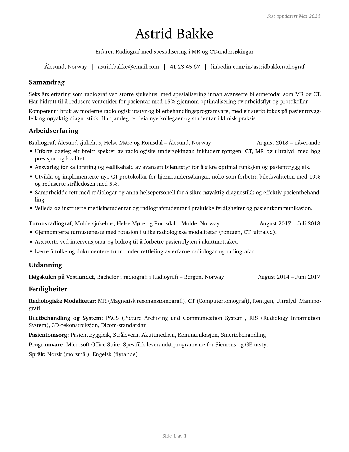 Radiologic Technologists and Technicians CV in Norwegian_nynorsk — page 1