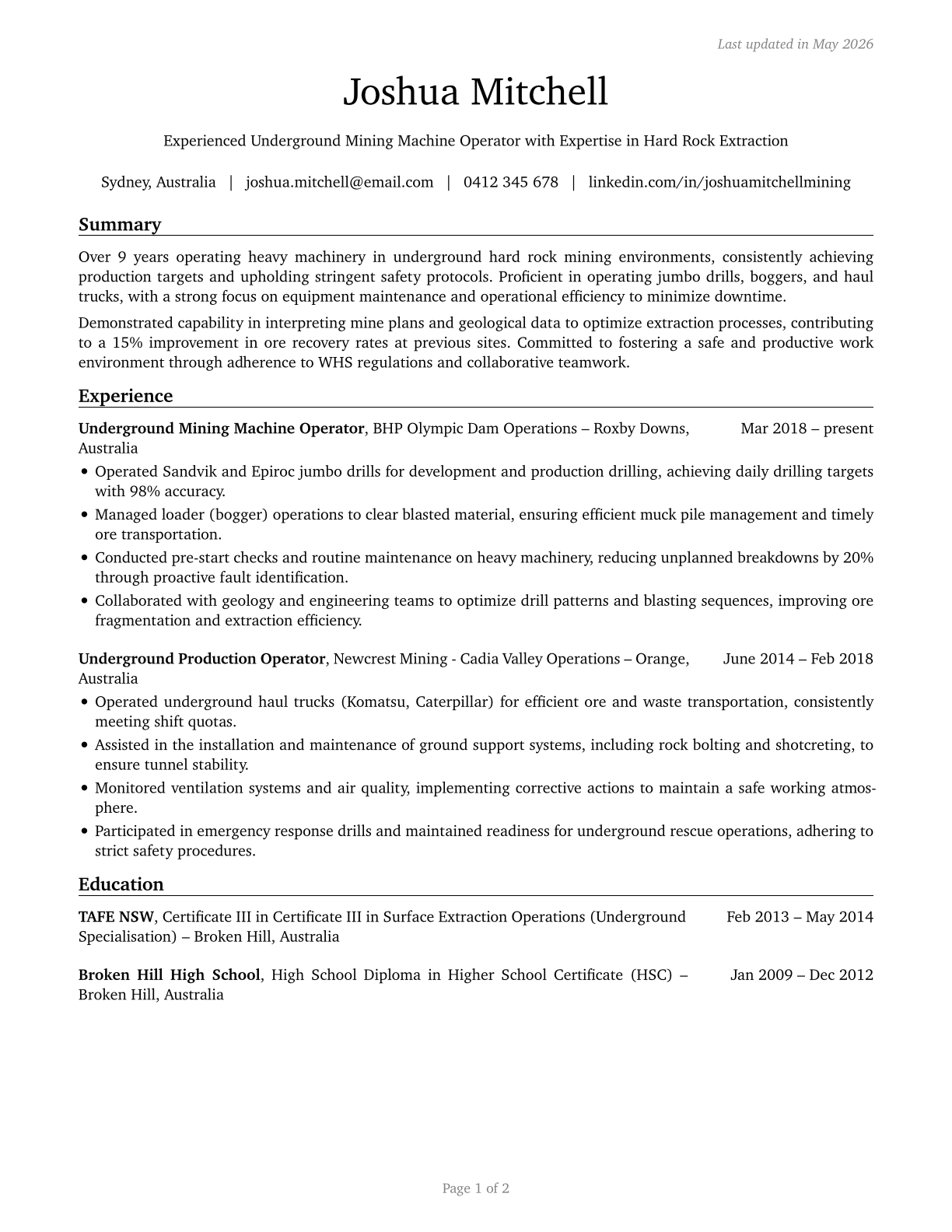 Underground Mining Machine Operators, All Other CV in English — page 1