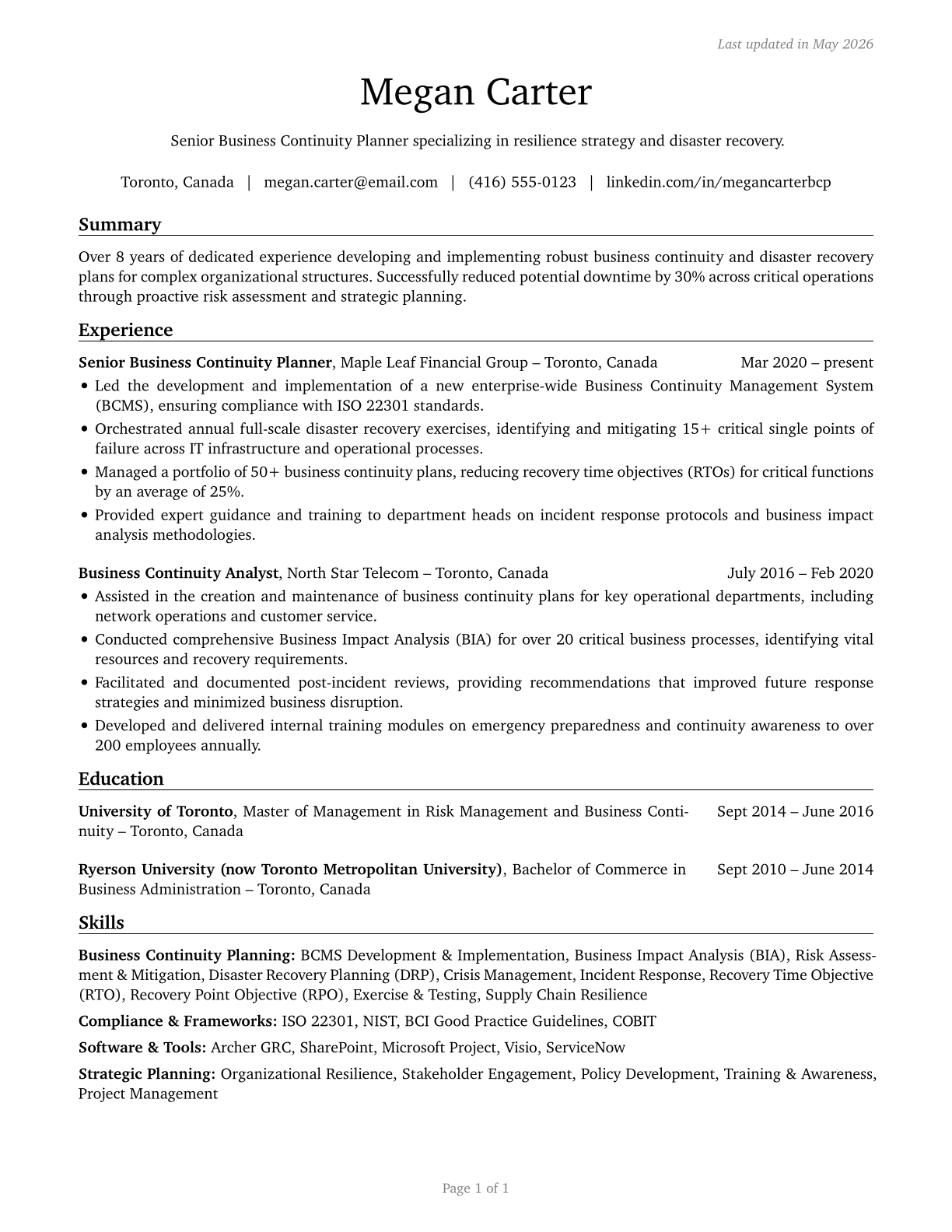 Business Continuity Planners CV in English — page 1
