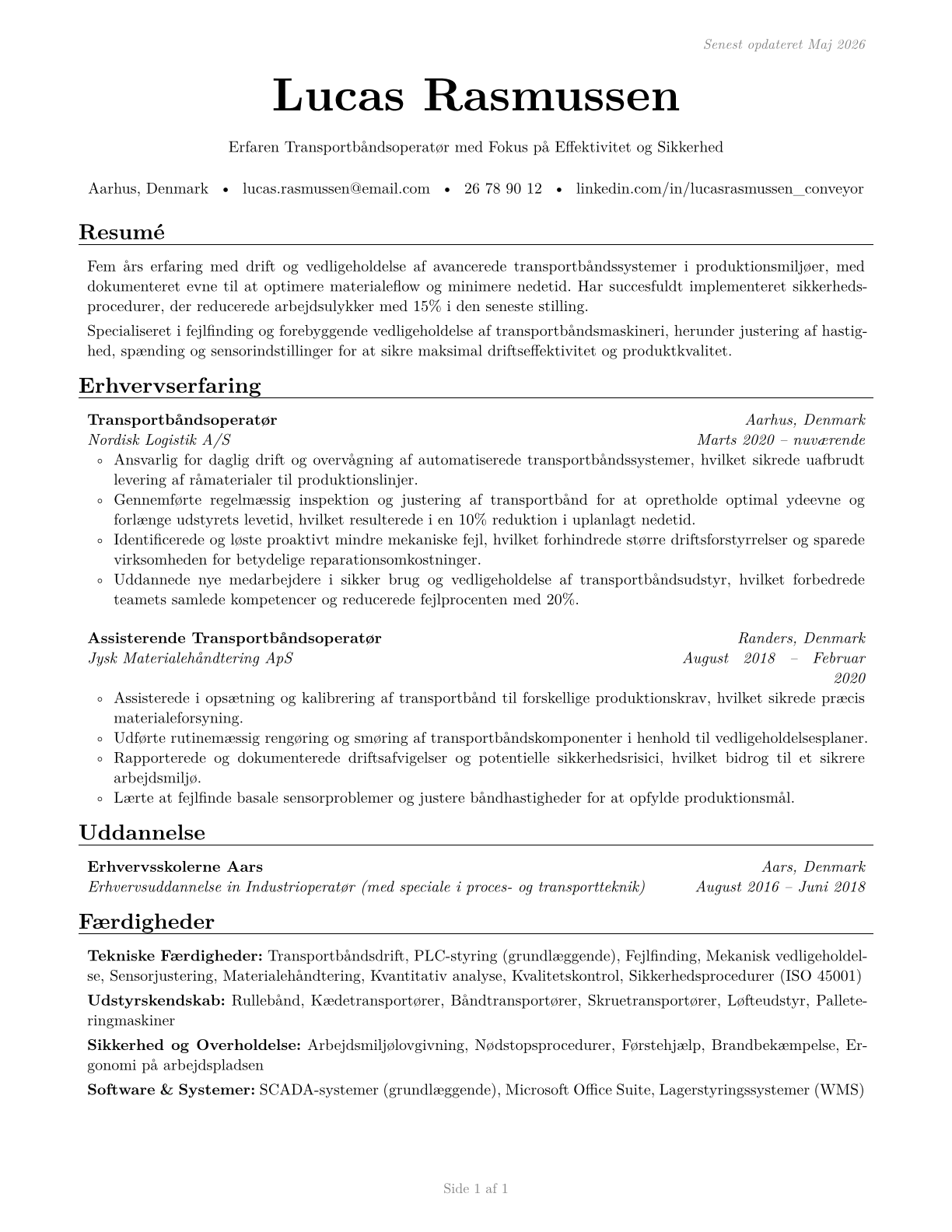 Conveyor Operators and Tenders CV in Danish — page 1