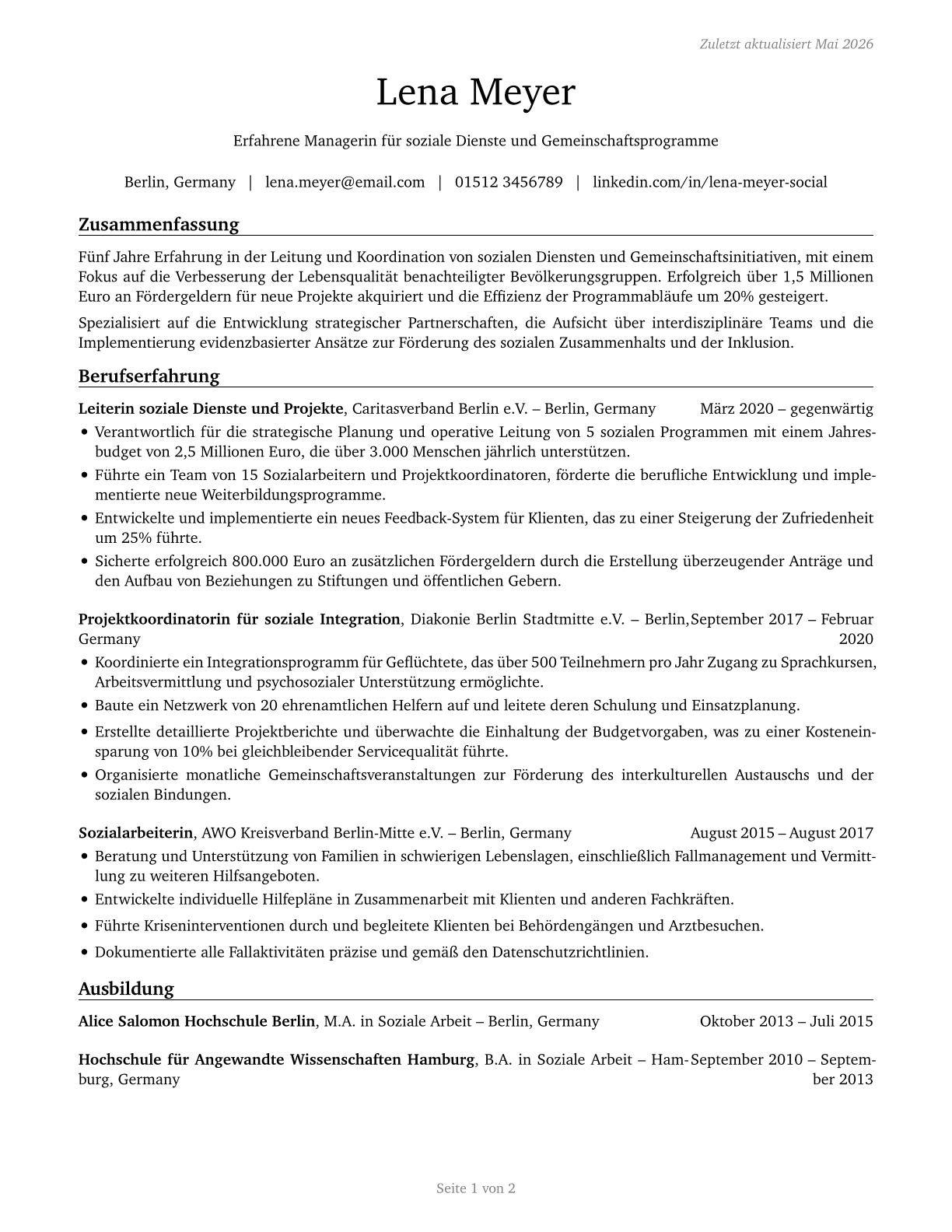 Social and Community Service Managers CV in German — page 1