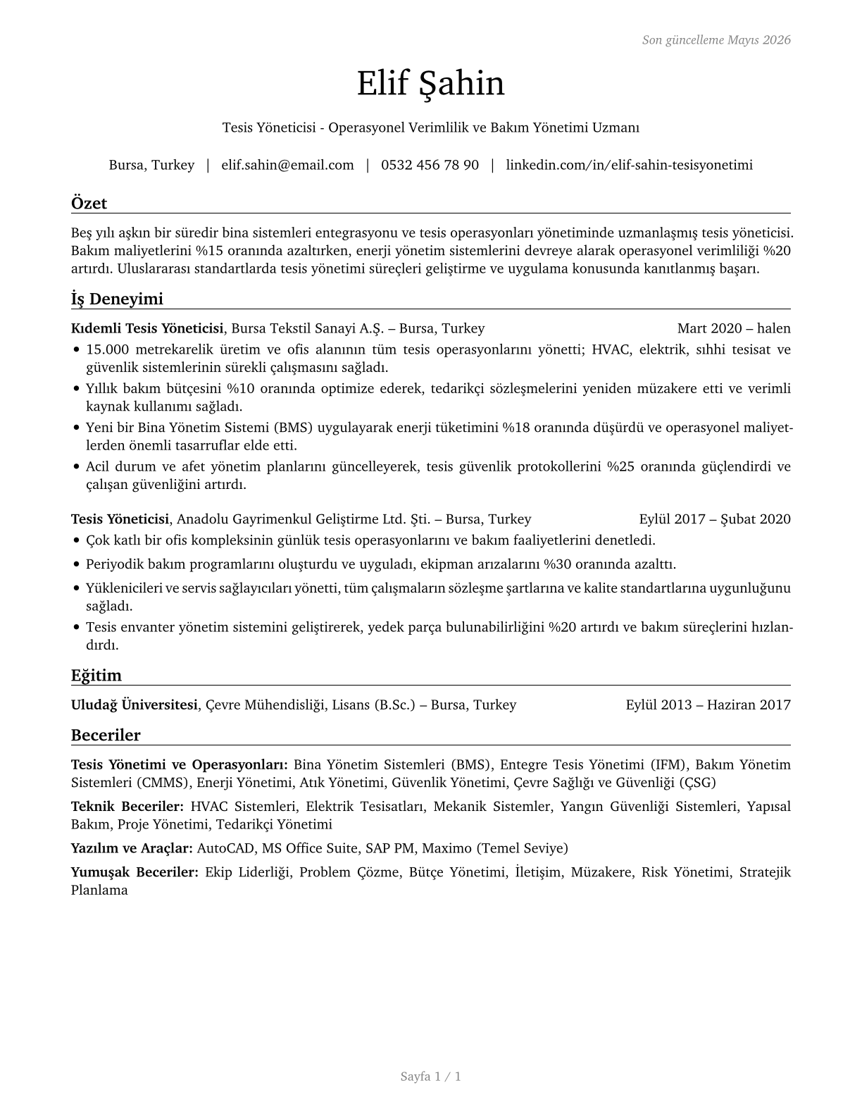 Facilities Managers CV in Turkish — page 1