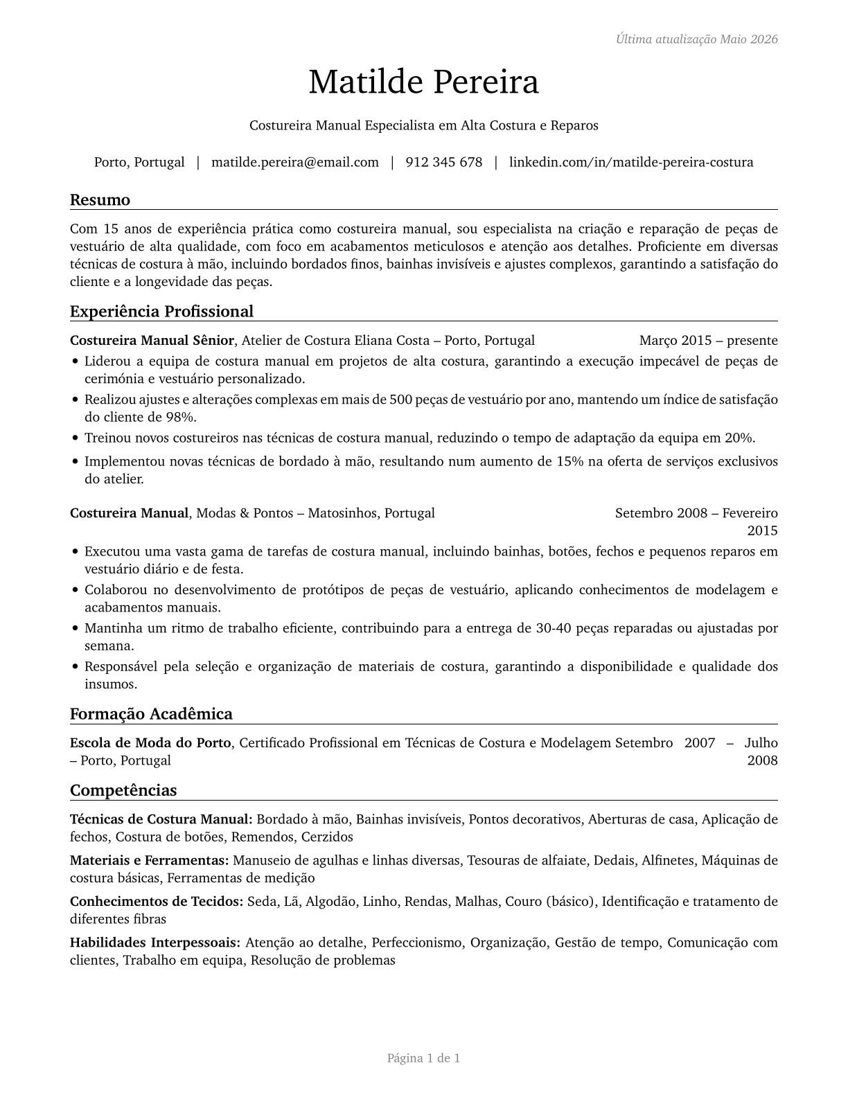 Sewers, Hand CV in Portuguese — page 1
