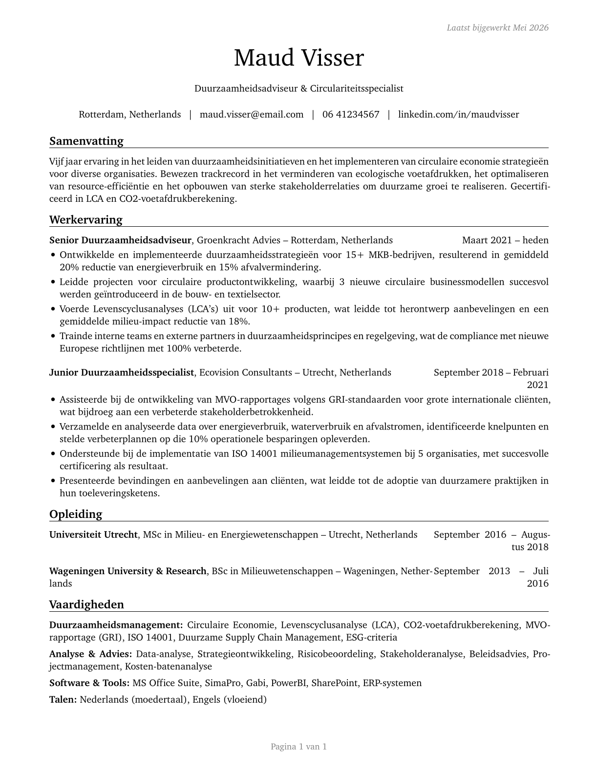 Sustainability Specialists CV in Dutch — page 1