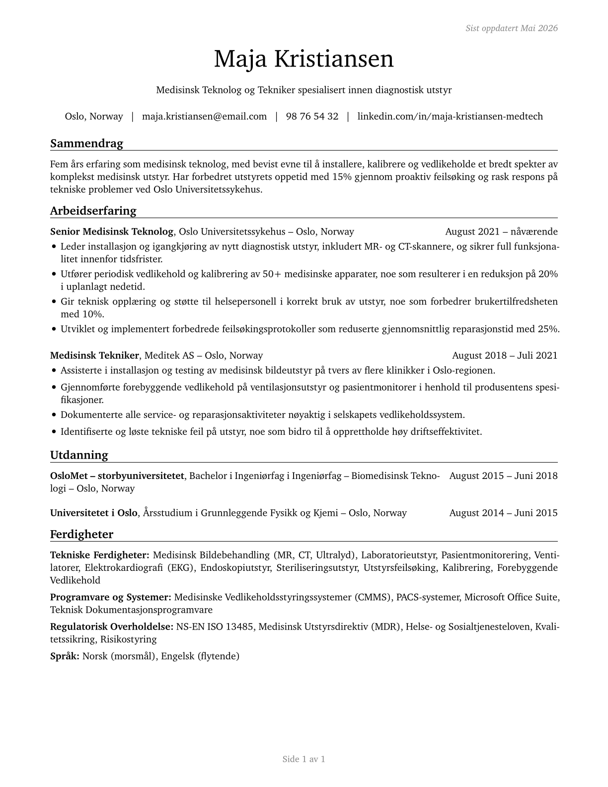 Health Technologists and Technicians, All Other CV in Norwegian_bokmal — page 1