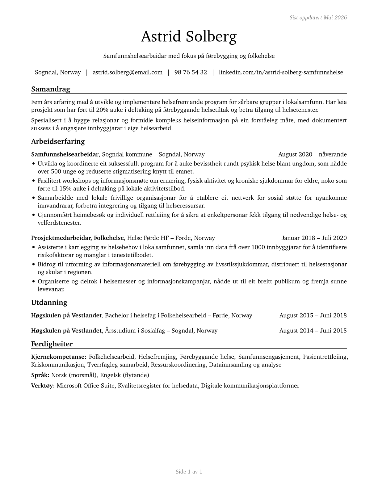 Community Health Workers CV in Norwegian_nynorsk — page 1