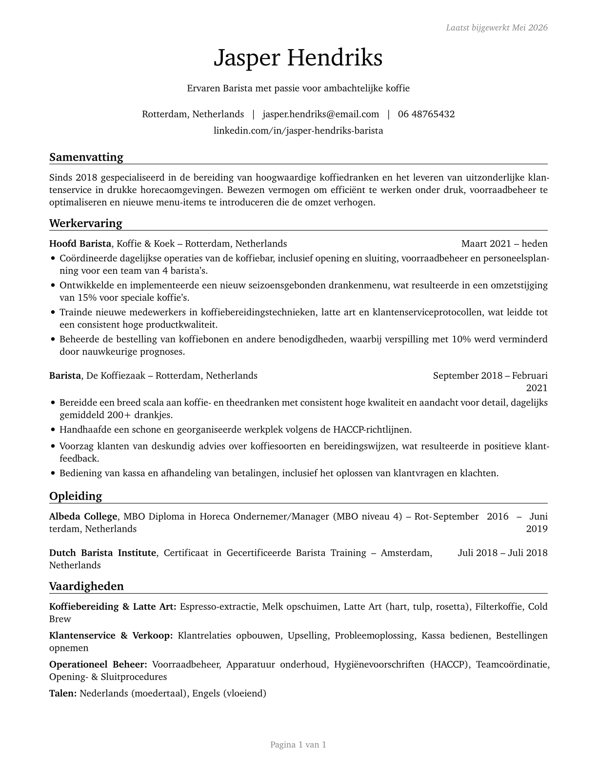 Baristas CV in Dutch — page 1
