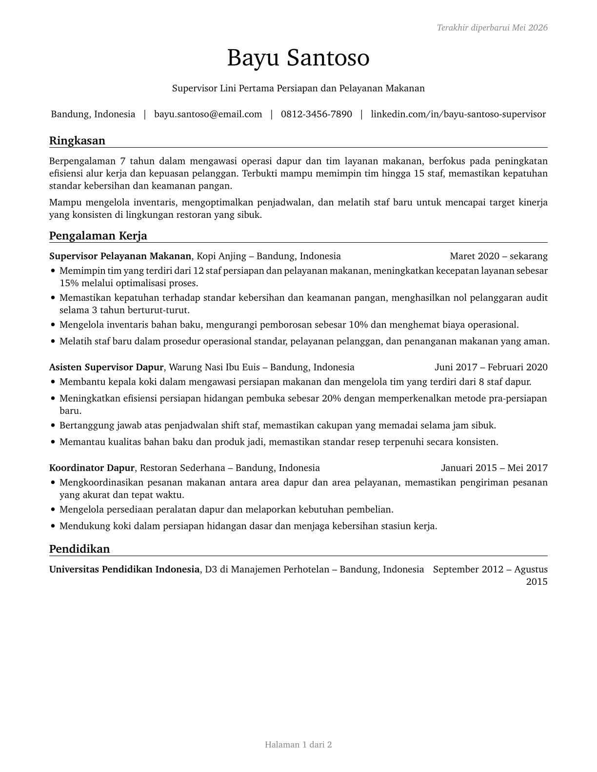 First-Line Supervisors of Food Preparation and Serving Workers CV in Indonesian — page 1