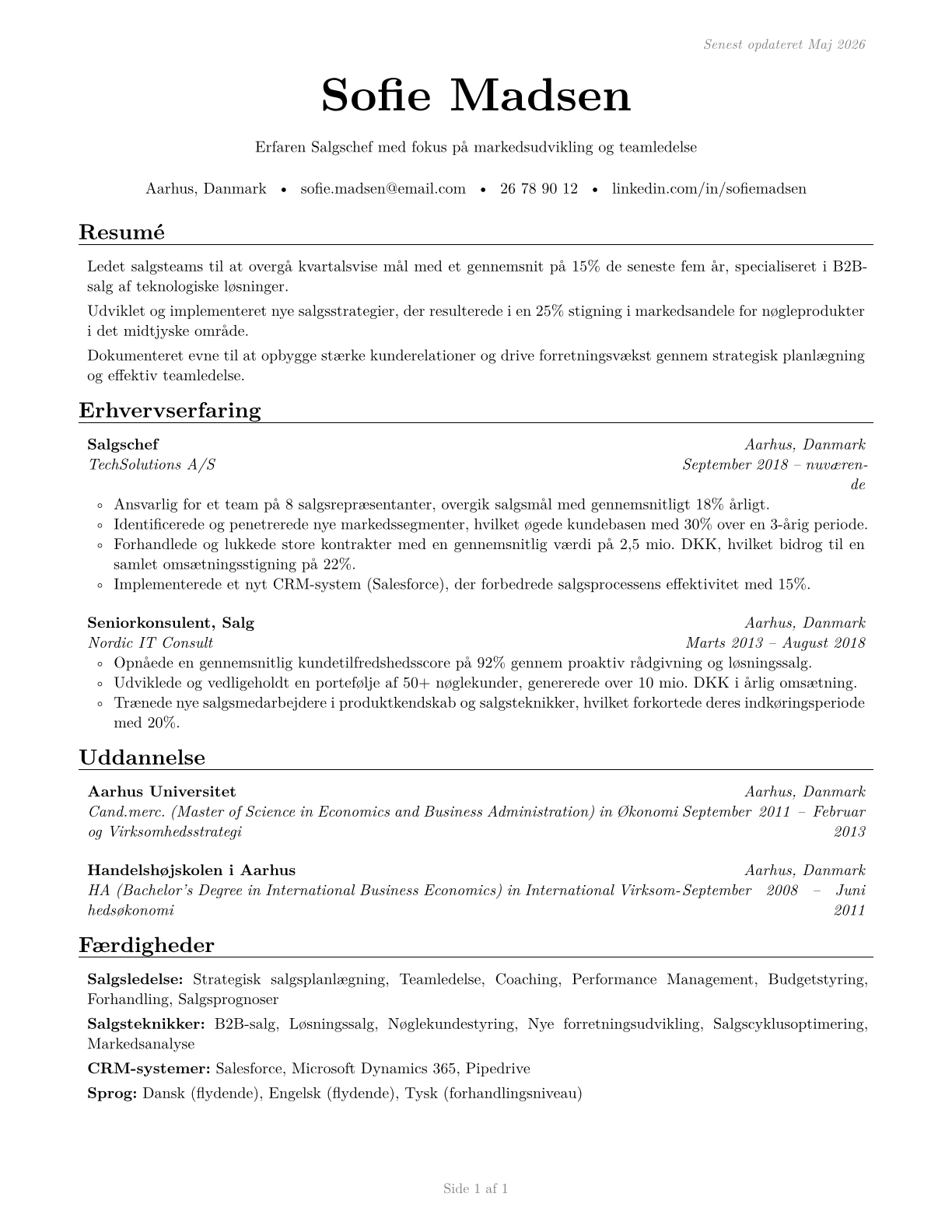 Sales Managers CV in Danish — page 1
