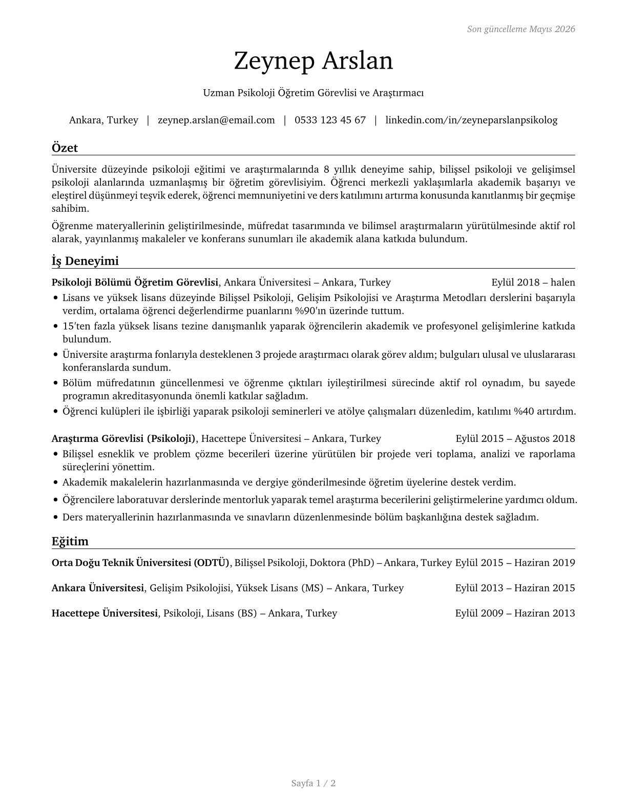 Psychology Teachers, Postsecondary CV in Turkish — page 1